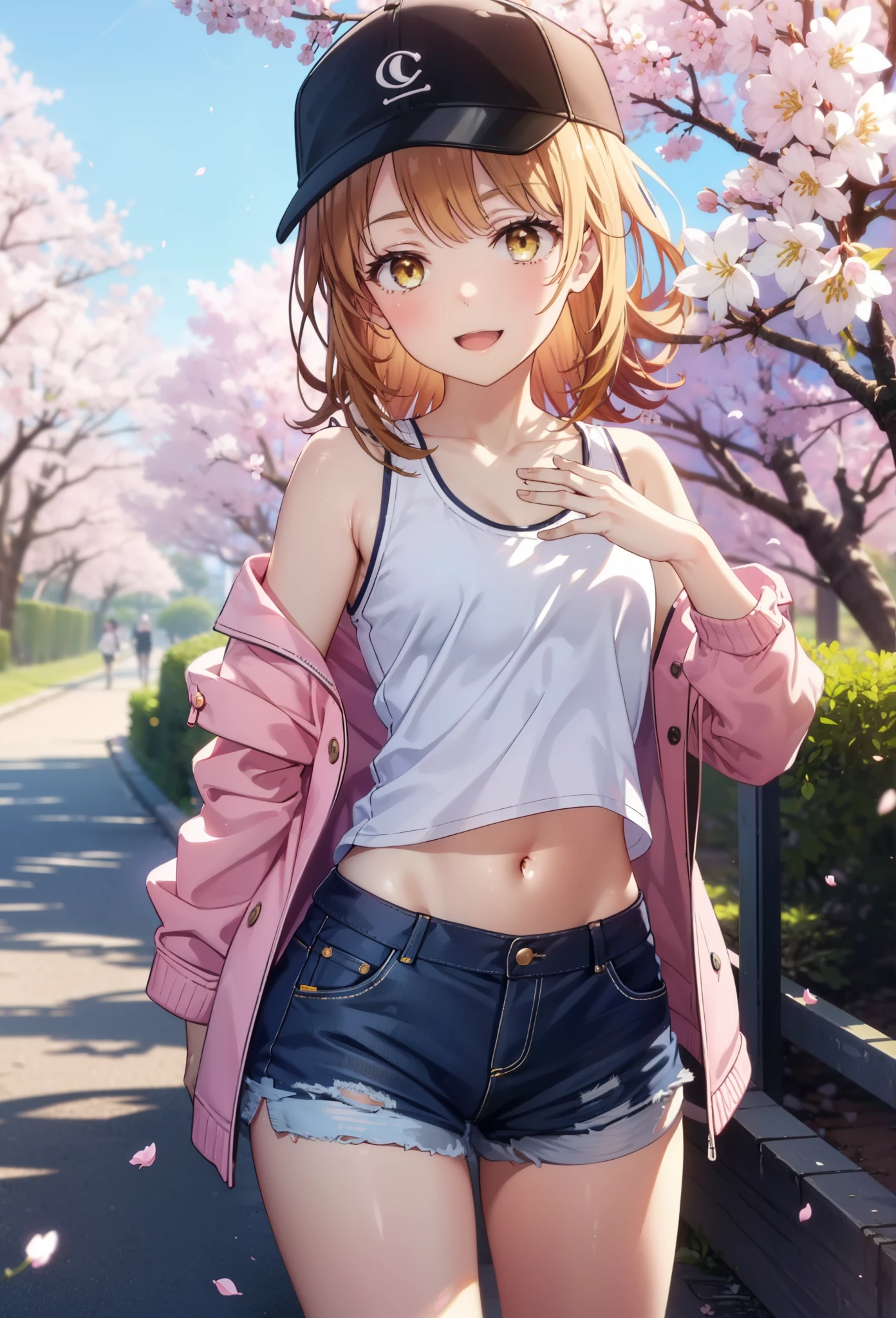 irohaisshiki, iroha isshiki, long hair, brown hair, (brown eyes:1.5),short braided hair,ponytail ,baseball hat,smile,happy smile, smile, open your mouth,Oversized pink jacket showing off the navel,There&#39;s space in front,bare shoulders,Yellow tank top shirt,shorts,Black high top sneakers,cherry blossoms are blooming,Cherry blossoms are scattered,Cherry blossom tree-lined path,noon,
break outdoors, 公園
break looking at viewer,(cowboy shot:1.5),
break (masterpiece:1.2), highest quality, High resolution, unity 8k wallpaper, (figure:0.8), (detailed and beautiful eyes:1.6), highly detailed face, perfect lighting, Very detailed CG, (perfect hands, perfect anatomy),