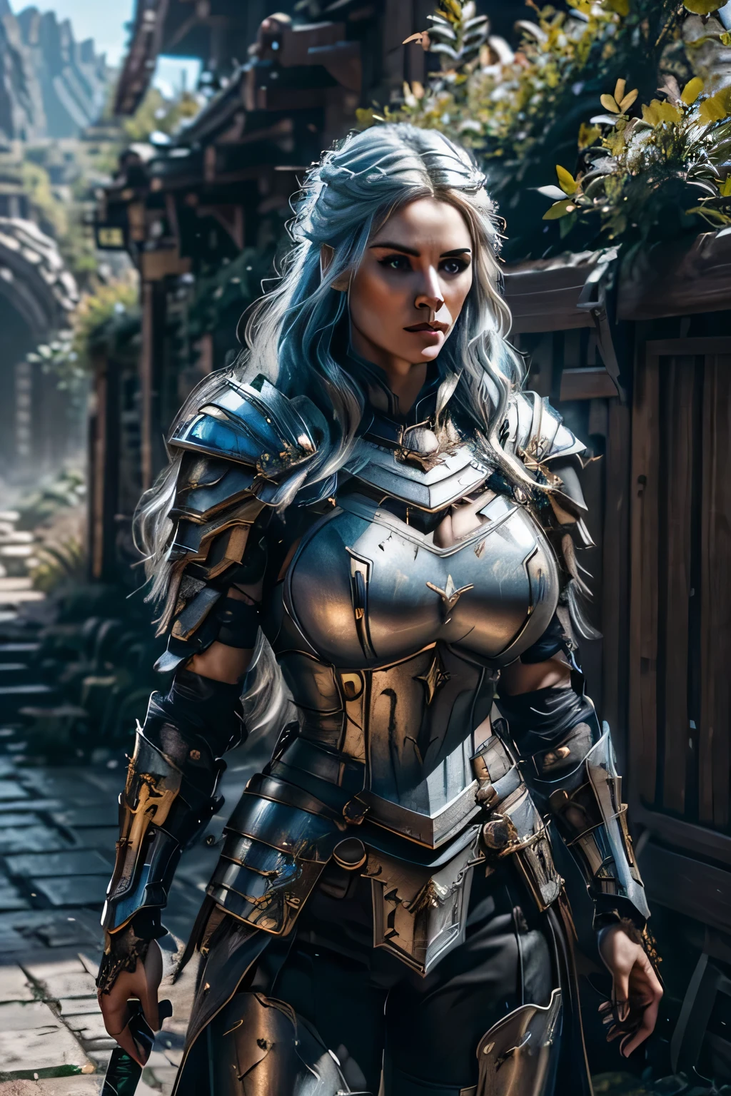 8K,asgard female warrior with very big breasts,Super beautiful(like the real thing),black very large chest armor,realistic skin,luxury black pants,Has a large, long black spear,sexy,muscular slim body,ripped abs,black shoulder armor,black waist armor,black leg armor,desert, rich colors, Backlight, cinematic lighting, film grain, RAW, 50mm lens,nikon　D850,ultra high resolution,Super realistic,goddess,battle scene,action scene,action pose,shine a light on the face, long wavy blue hair, the Witcher, the Witcher armor, yennefer