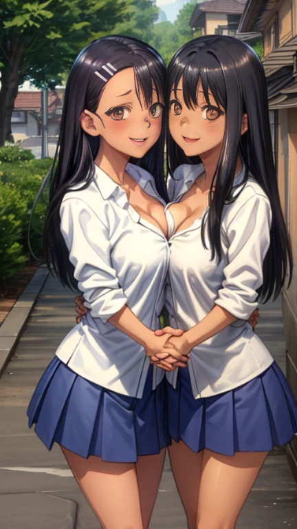 HDR, cg, sharp focus, (8K), (4k), masterpiece, highest quality, sharp focus, very detailed, Complex, very detailed, nagatoro hayase, brown eyes, black hair, bangs, long hair, black skin, hair clip, white shirt, blue skirt, no socks, uwabaki, Are standing, arm behind head, cowboy shot, looking at the viewer, outdoor, with an evil smile,huge breasts,cleavage、two women，equivalent height，Facing each other，two bodies are close together，、photo of two people、Hold hands and face each other、向かい合うphoto of two people、Push each other、Put your breasts together、