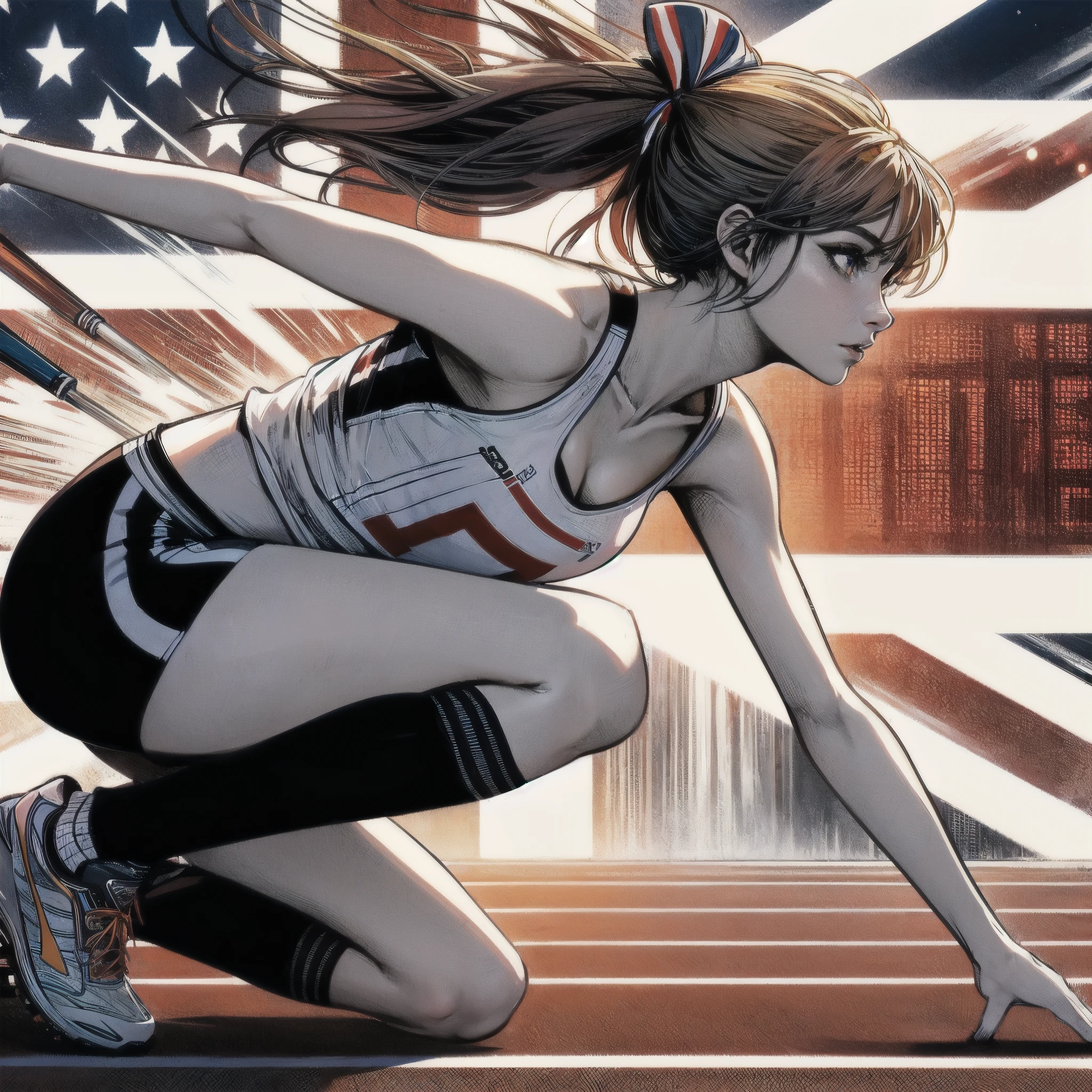 high quality,HD,16k,sharp lines,1 girl,Female track and field athlete ,cute face, large breasts, nice legs,At the track and field,focus girl,detailed beautiful face,detailed clothes,beautiful eyes,cool,dynamic angle