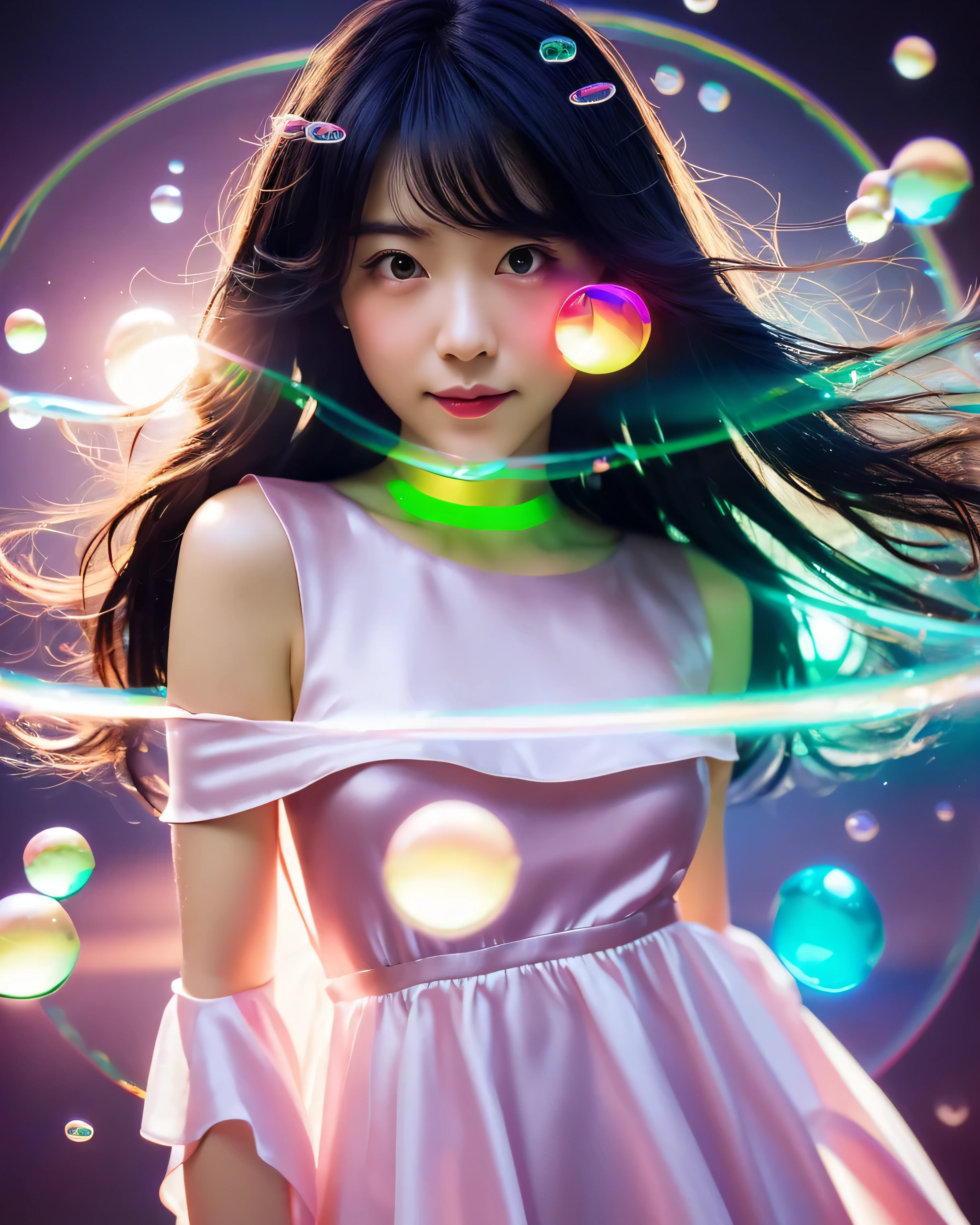 (highest quality, 32k, High resolution, masterpiece:1.5,), Haunting fantasy portrait in abstract style, ((In a swirl of fantastic sepia tones and soft light)), Evoking a sense of soothing tranquility and elusive beauty, Award-winning masterpiece with amazing details, beautiful japanese woman, perfect human anatomy, High resolutionの美しい太もも, big magical eyes, fleeting smile, ((shiny black hair)), Beautifully arranged straight, silky long hair, Beautiful asymmetrical bangs, hair between eyes, smooth and soft skin, thin eyebrows, clear double eyelids, pale pink lips, ((Black silk dress, off shoulder, The absolute realm of miniskirts)), High resolution perfect clavicle, Beautiful chest in high resolution, Slender body with plump breasts, ((Colorful glowing bubble effect:1.4)), gentle sunlight, professional lighting, professional photographer, Professional models,mysterious