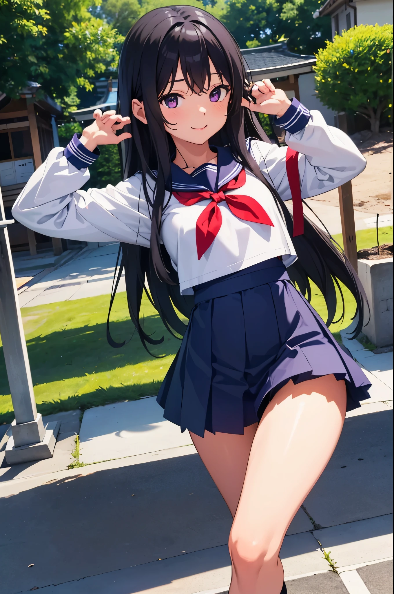 Shrines in the countryside 8-year-old flat chest blhair g hair eyes are purple smile ((1 person)) Upper half length sleeve white sailor uniform Lower body navy blue miniskirt((White panties are visible)) black socks sneakers Walking along the approach spread your legs a little I can see white panties dynamic angle Low angle from the front