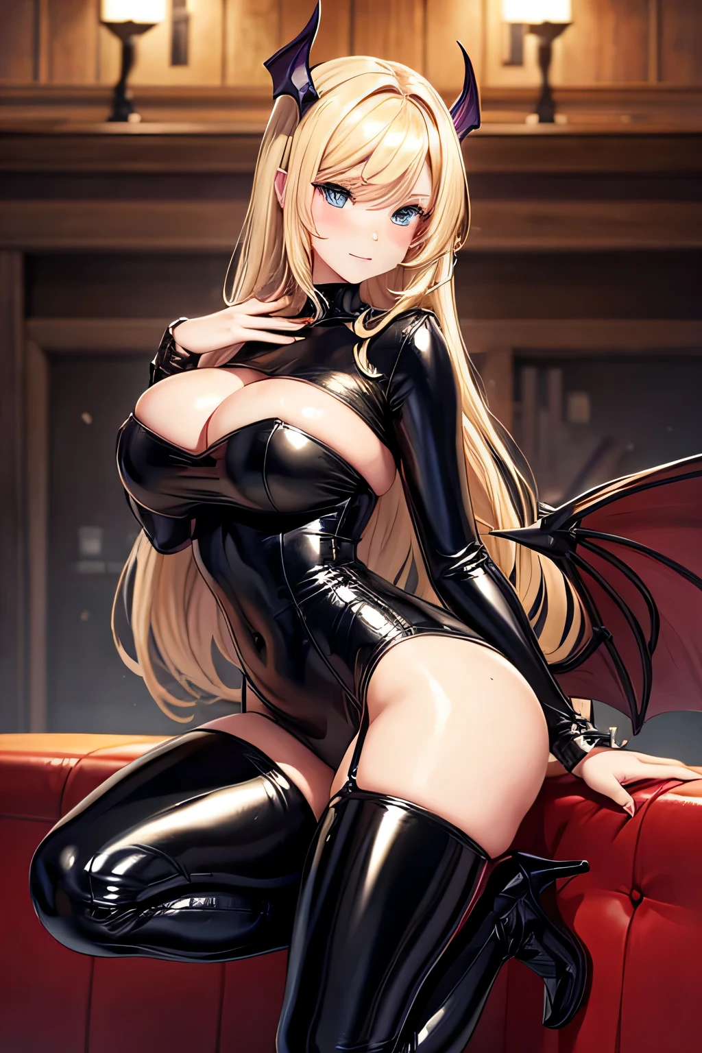 hot blonde girl, curvy, picture from her heels, sexy, succubus, latex
