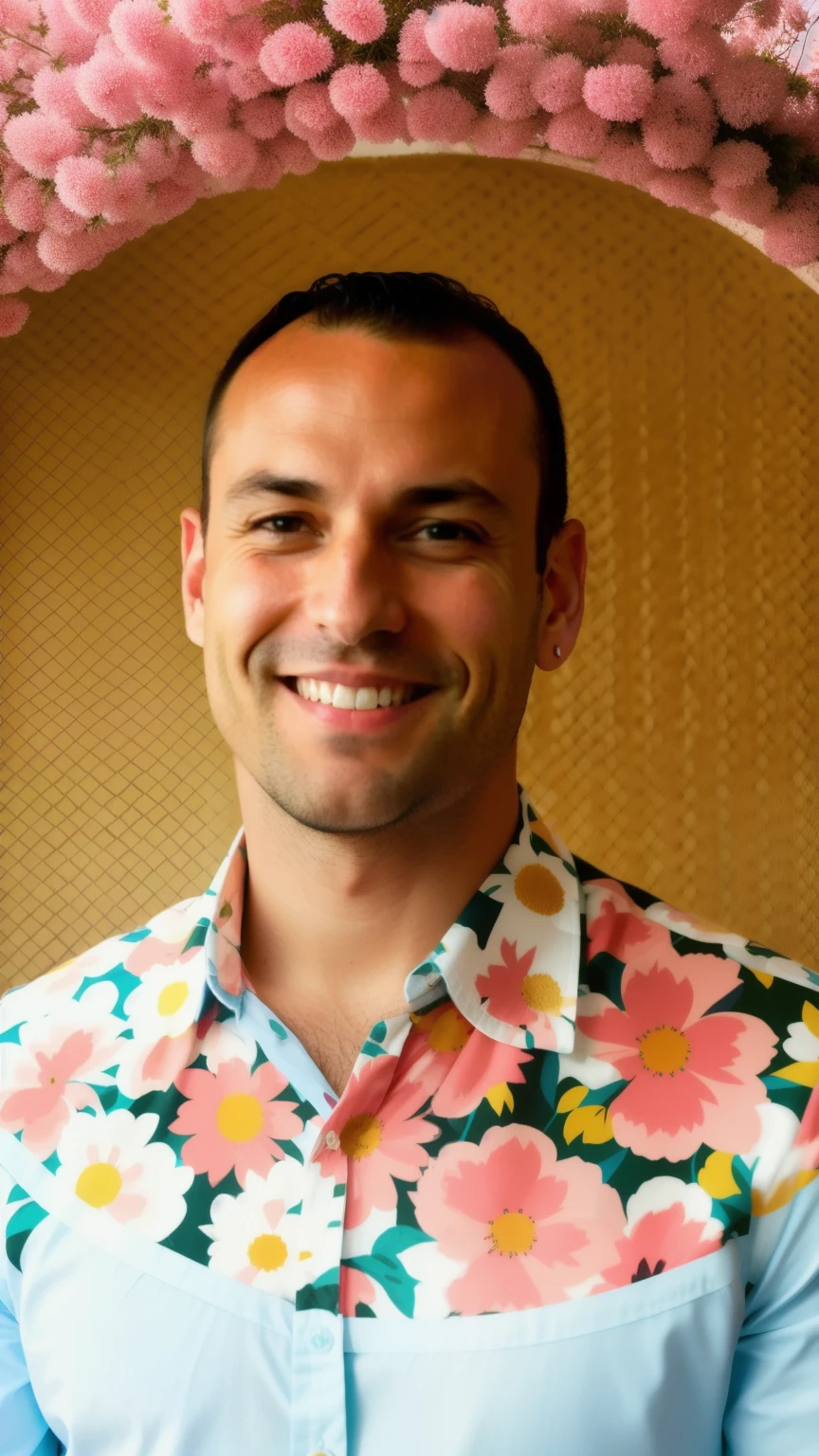 arafed homme dans une chemise à fleurs souriant en cercle, thierry doizon, Michel Ocelot, Greg Rutkowski", Maurice Cornelis, kenneth blom, andy worhol, image de profil, Greg Rutkoswki, David Ríos Ferreira, image d'avatar, thierry rouzier, michael chariot, Paul Heston, Ronen Bekerman