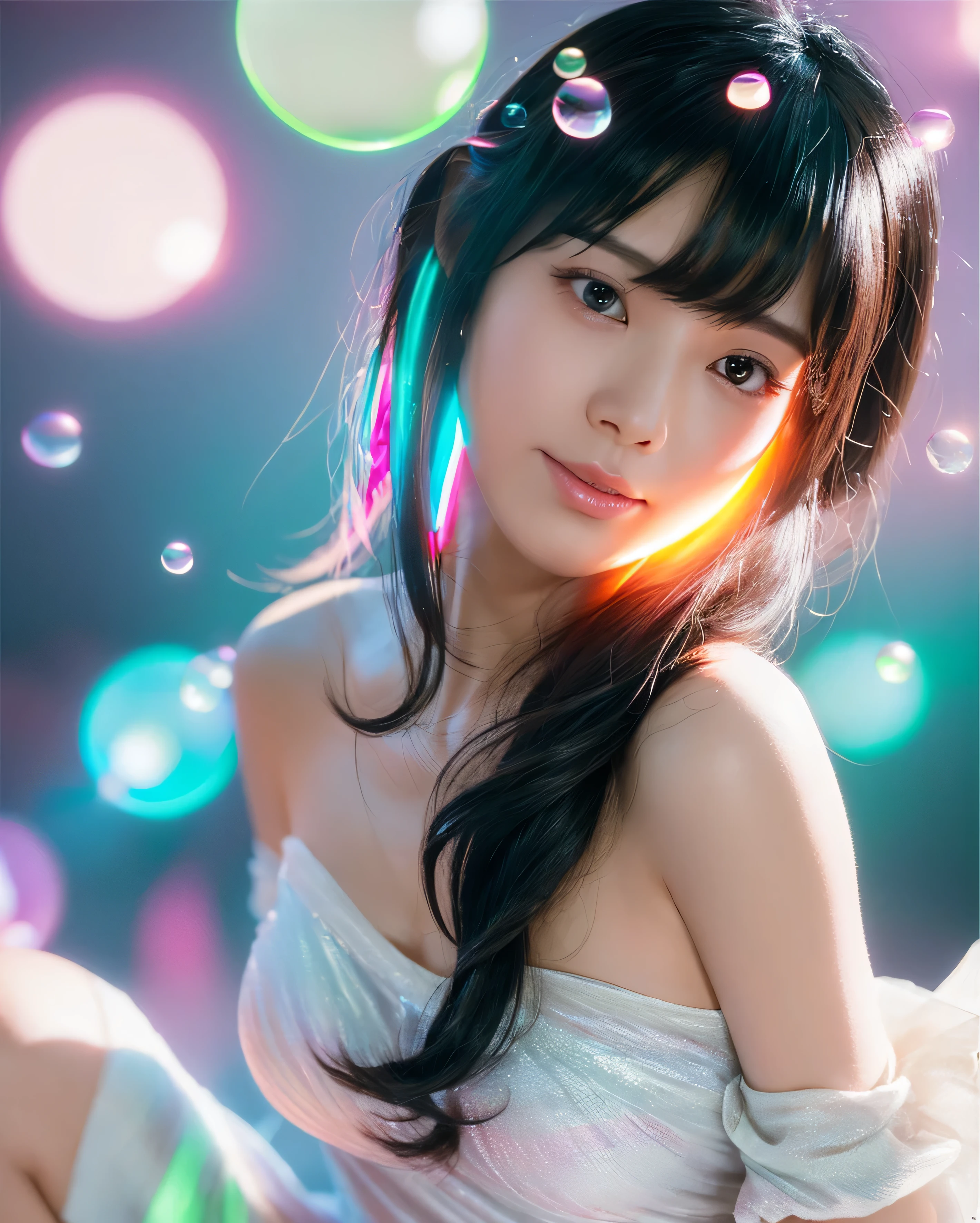 super real photo,Fantastic surrealism、Fairies in the world of soap bubbles、Japanese Micro Bikini,17-year-old beautiful girl、Emerging from a soap bubble, cinematic, portrait photography, photo, fashion