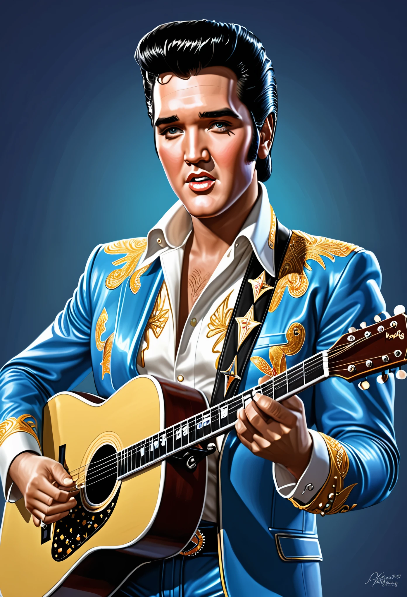 elvis presley portrait, high quality , 8k, caricature, rpg style, cartoon, soft light