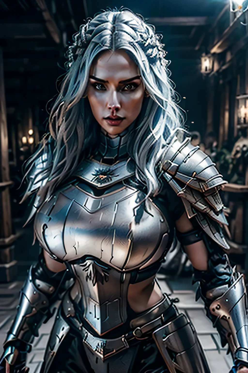 8K,asgard female warrior with very big breasts,Super beautiful(like the real thing),black very large chest armor,realistic skin,luxury black pants,Has a large, long black spear,sexy,muscular slim body,ripped abs,black shoulder armor,black waist armor,black leg armor,desert, rich colors, Backlight, cinematic lighting, film grain, RAW, 50mm lens,nikon D850,ultra high resolution,Super realistic,goddess,battle scene,action scene,action pose,shine a light on the face, long wavy blue hair, the Witcher, the Witcher armor, yennefer