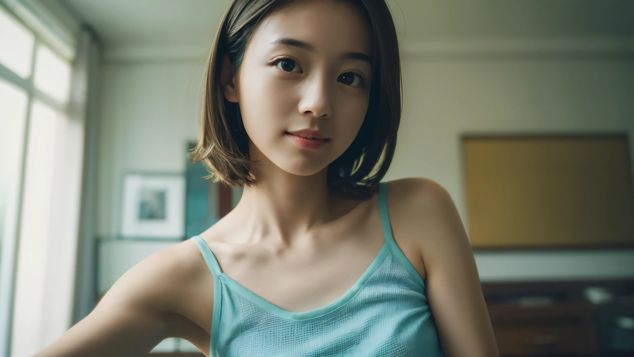 (Masterpiece, highest quality: 1.4), girl, solo, beautiful face, 8k, absurd, upper body, blue camisole, looking at camera, no makeup, film grain, chromatic aberration, sharp focus, bright face, sophisticated, (smile: 0.5) ) ), room, indoors, gentle light [:detail face:10]