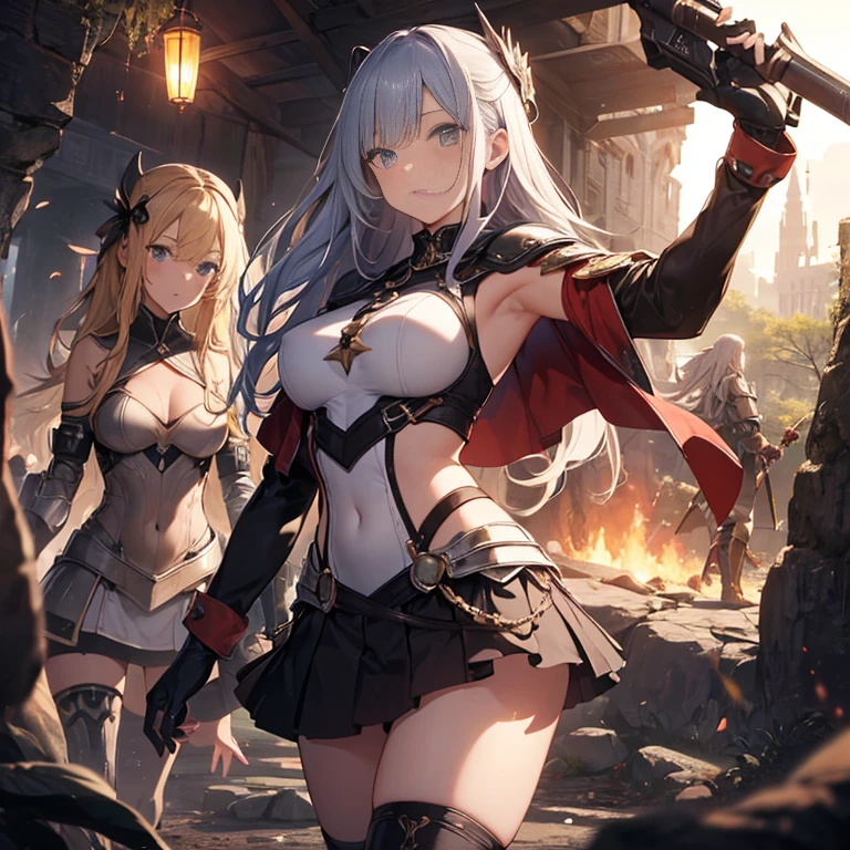 A group of female knight, (in cave), various hair styles, harem, wearing armored clothes, metal armor, night, details face, , short skirt, seducing, sword, showing armpits, sleeveless, erotic
