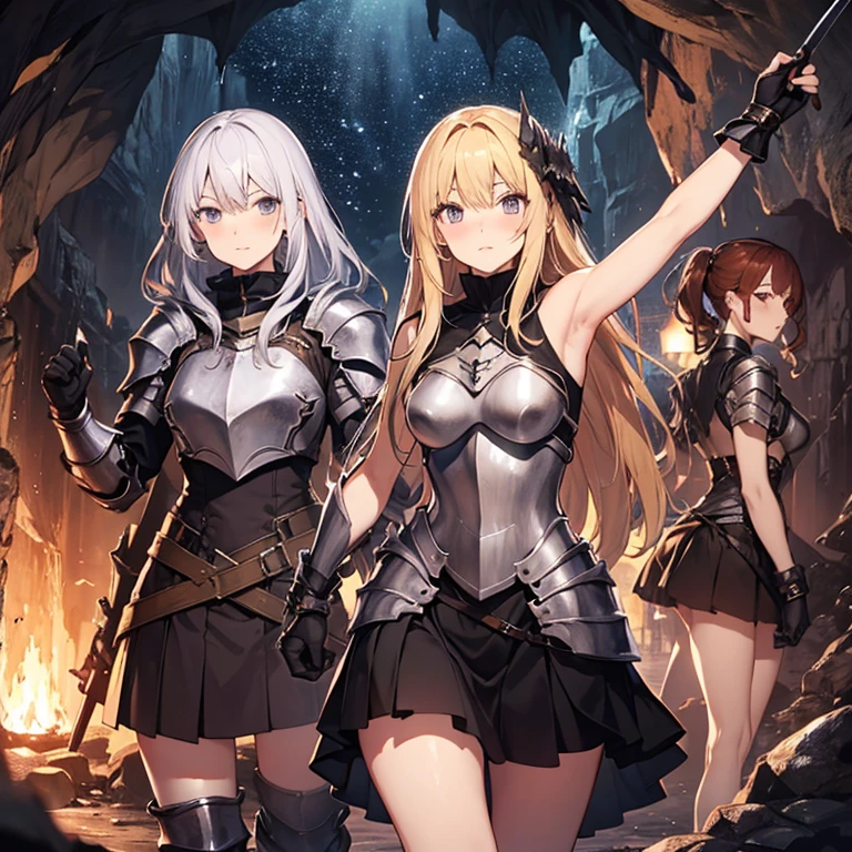A group of female knight, (in cave), various hair styles, harem, wearing armored clothes, metal armor, night, details face, , short skirt, seducing, sword, showing armpits, sleeveless, erotic