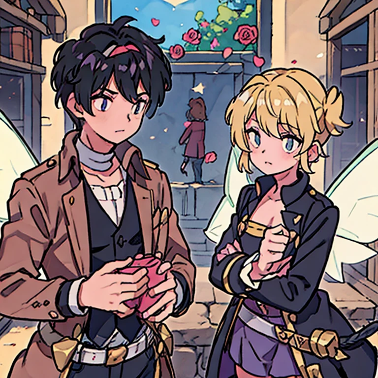 only two boys. the first and small with black hair and blonde highlights. le deuxieme a des cheveux marrons un bandeau et ded lunettes. they are dressed like fairies with wings. beaucoup de couleurs roses