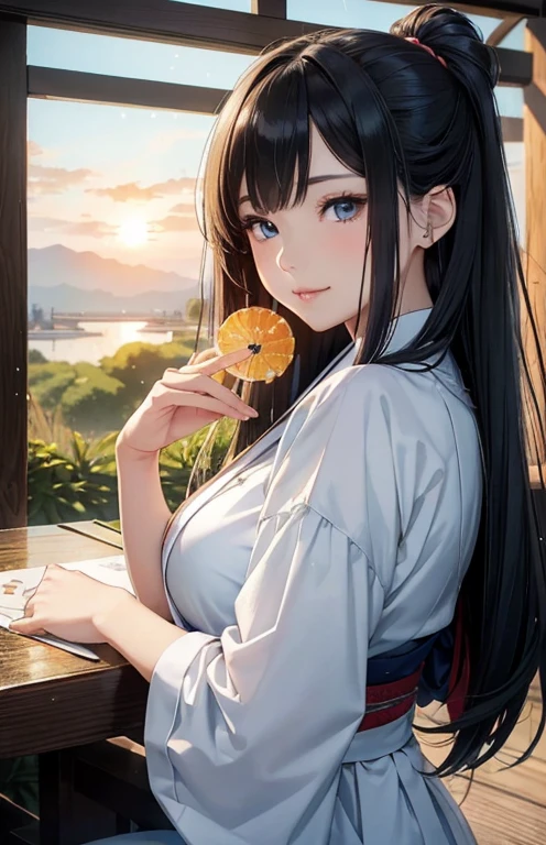 masterpiece、highest quality、High resolution、high quality images、8K, 1 female、skin luster、Texture of skin and clothing、Expression of fine eyes、Shiny latte-colored hair,Girl with long blue hair, Manga inspired by Lee Jong-suk, trending on deviantart, realism, detailed manga style, manga art style, perfect line drawing, beautiful line drawing, digital manga art girl, K-POPアイドル, dress, beautiful blue eyes, plump lips, detailed gorgeous face, (cute smile), charm, innocent, Side view, (perfectly detailed face), (fine hands) photorealistic images, Depth of written boundary, half up hairstyle, yukata ,(firework,Goldfish,bubble),(outdoor,fan,Jean Frame),(Traditional Japan atmosphere:1.2),(sunset: 1.1))