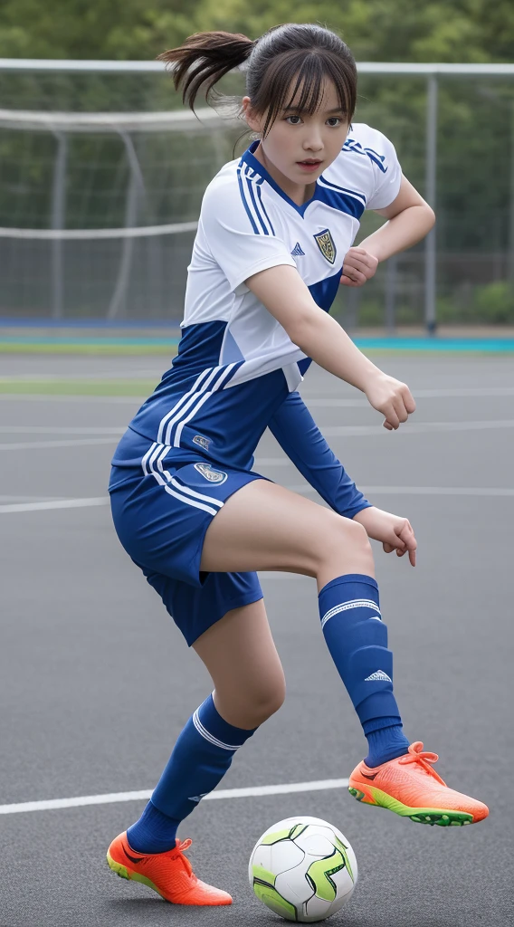 UHD, retina, masterpiece, ccurate, anatomically correct, textured skin, super detail, high details, high quality, award winning, best quality, highres, 1080P, HD, 4K, 8k, 16k、soccer court、soccer ball、Soccer Shoes、soccer uniform、very cute girls、