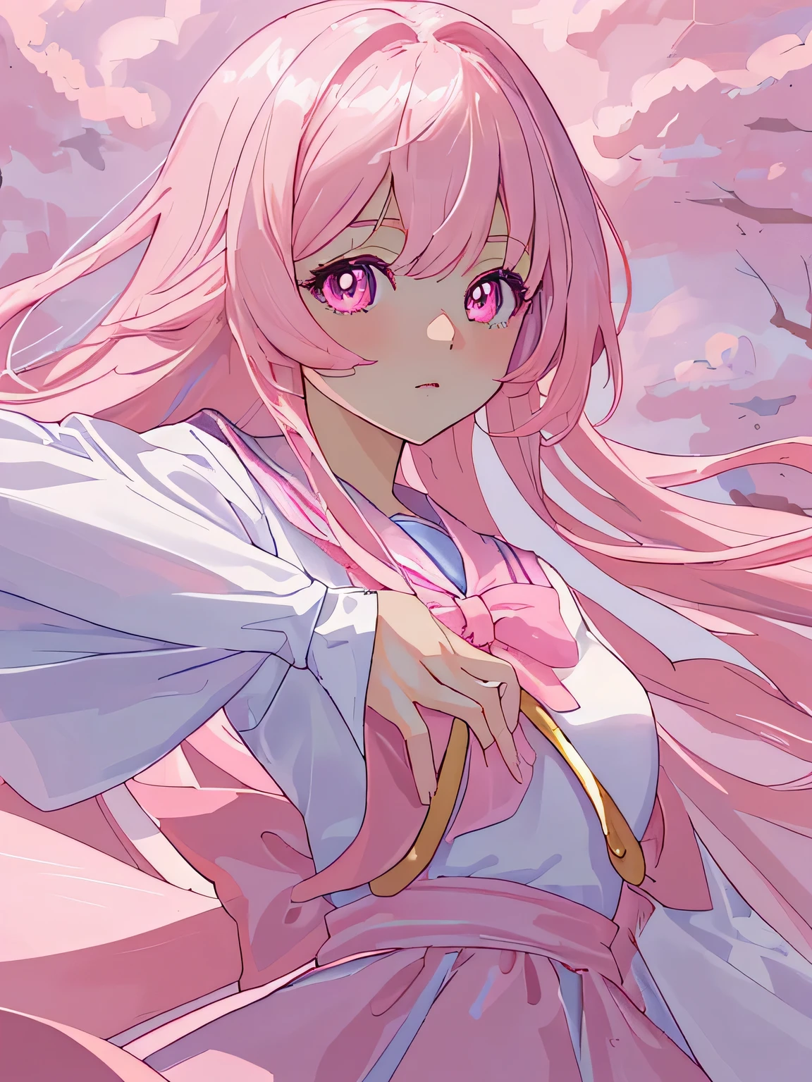 (highest quality, detailed background, High resolution, shiny 髪,White and light pink hair,bright pupils), 1 girl, long 髪, big_chest、designer dresses, wide shot、Upper body, looking here、Wearing a pink sailor suit、cute、anime style girl