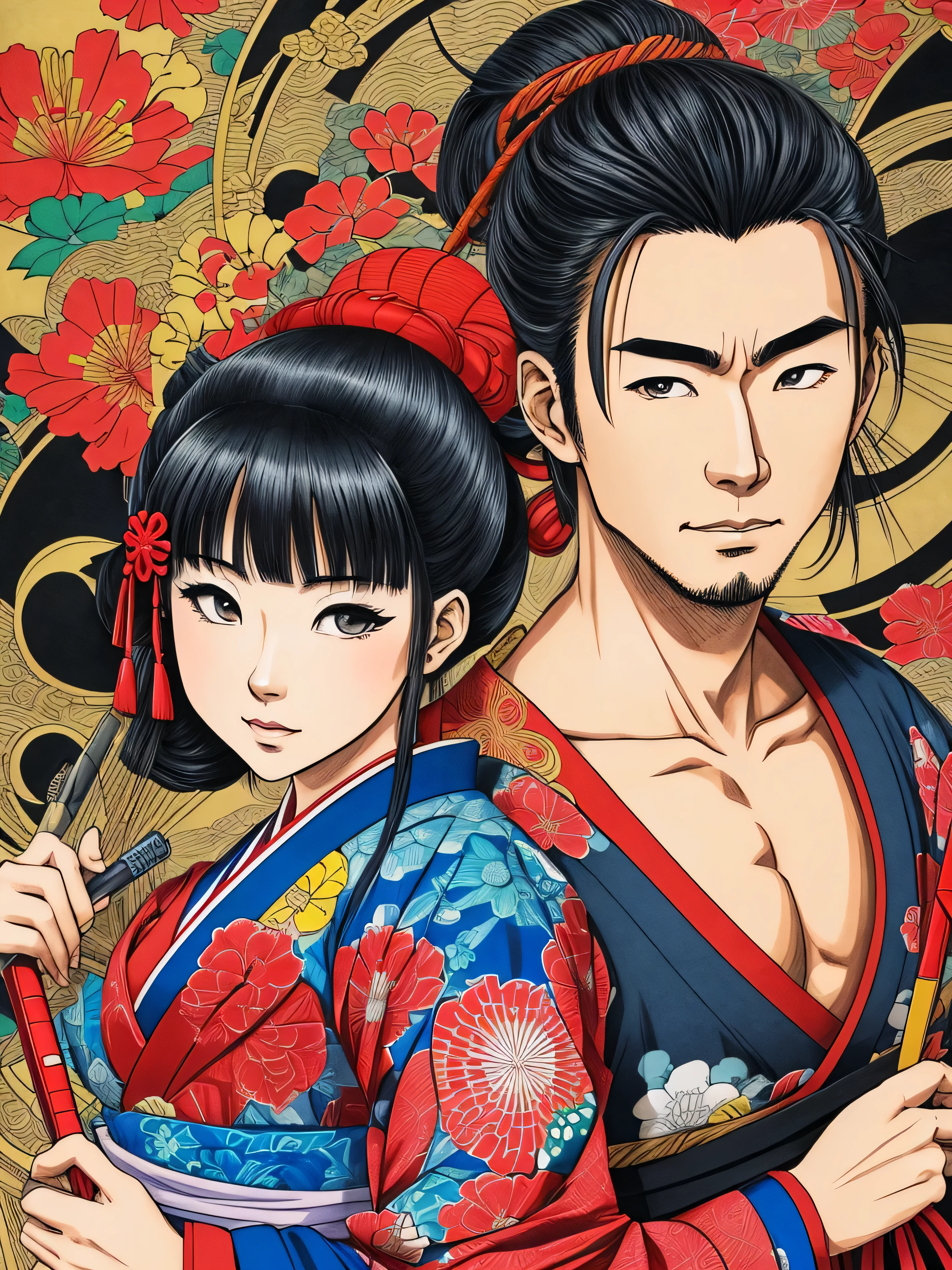 Pau colorido, japanese casal, sua arte em tinta fina, comic style, portrait of japan, Glamour de kyoto, bela arte de linha, coloring pencil comic style, manga style, manga art style, pencil and ink caricature drawing, coloring, other positions, corpo inteiro. Japan Background, gueixa e samurai