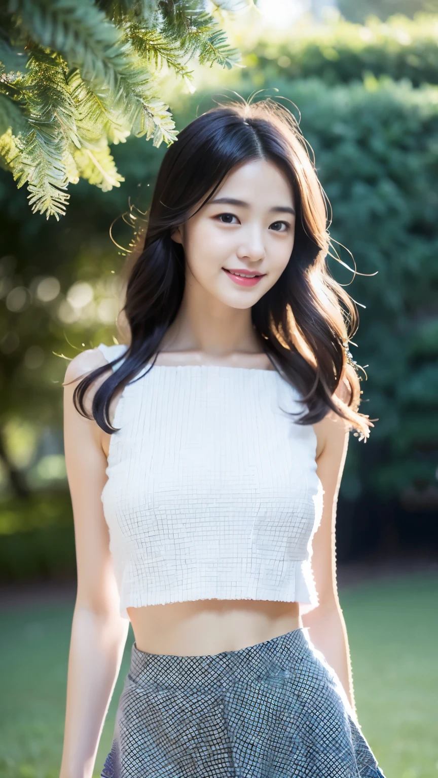 japanese girl、spring、Music circle、garden、(（best quality，master piece，超A high resolution）)，（Realistic：1.4），1 girl，from head to knees，dynamic posture，adult face，slim，Slender、(smile)，（shiny skin），（overview，frontage，twilight），white hair，white long hair，iridescent eyes，big bust，Top Fashion，mini skirt)，(clear eyes)，(clean nose)，(Clear lips)，(Fair skin)，(Ultra realistic textile texture)