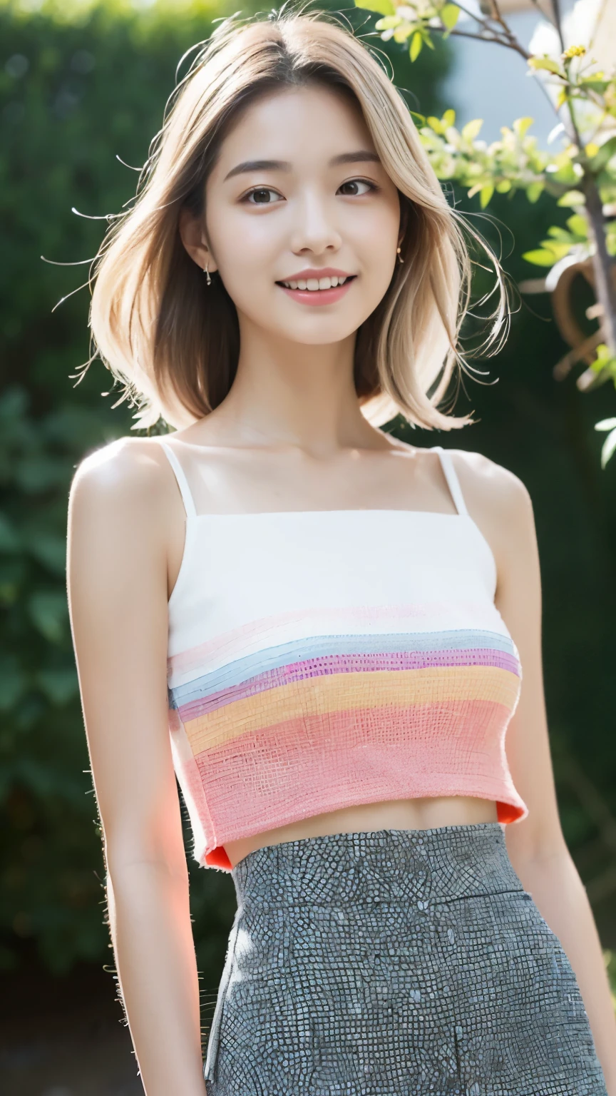 japanese girl、spring、Music circle、garden、(（best quality，master piece，超A high resolution）)，（Realistic：1.4），1 girl，from head to knees，dynamic posture，adult face，slim，Slender、(smile)，（shiny skin），（overview，frontage，twilight），white hair，white long hair，iridescent eyes，big bust，Top Fashion，mini skirt)，(clear eyes)，(clean nose)，(Clear lips)，(Fair skin)，(Ultra realistic textile texture)