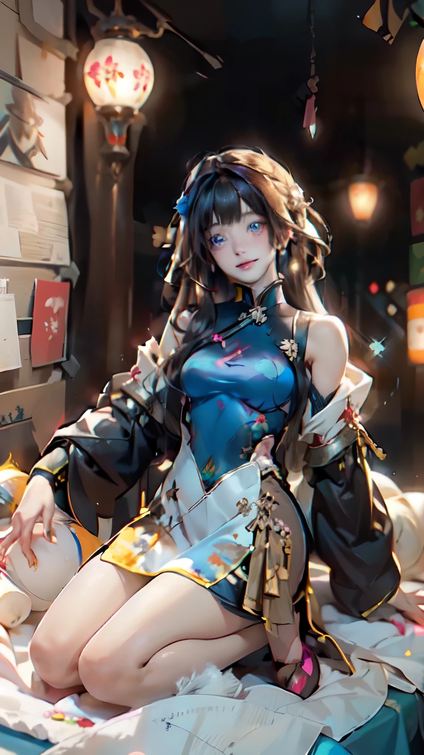 (masterpiece), (best quality), (ultra detailed),(illustration), (1girl), (Wearing a Unique Aodai ), Fashion model, looking at viewer, (interview), (simple background),beautiful detailed eyes, delicate beautiful face,(high saturation),(colorful splashes),colorful bubble,(shining), focus on face, (( Jet hair)), bangs ,(( shoulder lenght hairs )).Girl, anime waifu,((small breast:1.5)), highlydetailed, reflections transparent iridescent colors, long transparent iridescent RGB hair, artby Serafleur from artstation, thick acrylic,illustration on pixiv, waist up portrait, gorgeoussacred girl, best quality, ultra detailed,sad,clever,beautiful face , beautiful lighton black background, Character stvle renderedby Octane,cute emotion, cute smile, ((Delft Blue Eyes)),big pupils,((Egyptian Blue unique Aodai with Ultra Violei mofits pattern))