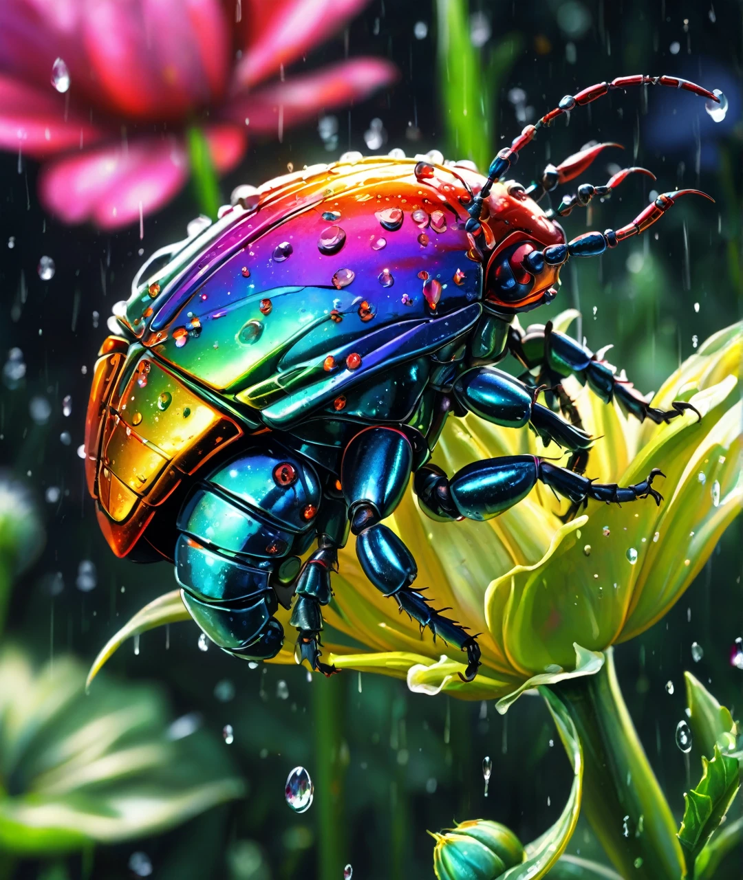 Complex and colorful, (digital painting:1.2),collect, Close-up photo of a robotic jewel beetle resting on a beautiful flower, it&#39;s raining, reflected light, hd, masterpiece, highest quality, very detailed, super detailed,