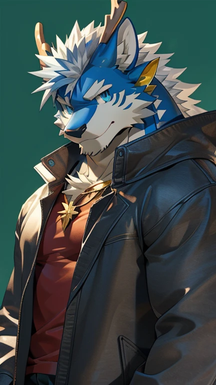 Solo, dragon, eastern dragon male, gray hair, light blue hair high light, white body fur, muscular male, light blue eyes, wearing black jacket, red t-shirt, undershirt, fur tuft, gold necklace, simple green background, green, (by Sollyz, masterpiece, 8k, hd), Looking at viewer, detailed face, detailed eyes, detailed hair, detailed muscles, detailed clothes,