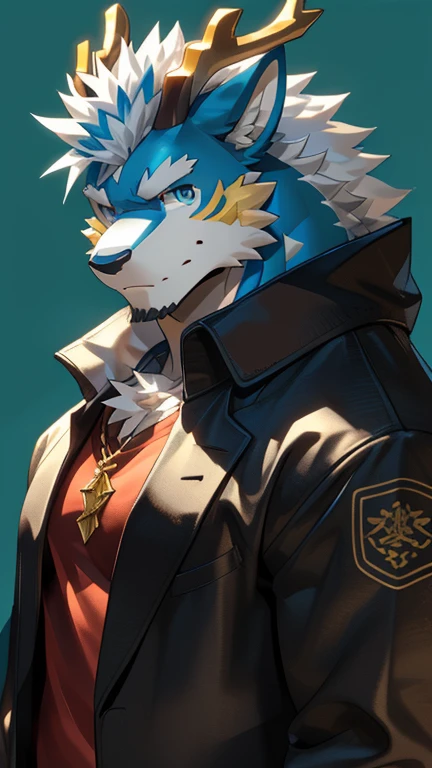 Solo, dragon, eastern dragon male, gray hair, light blue hair high light, white body fur, muscular male, light blue eyes, wearing black jacket, red t-shirt, undershirt, fur tuft, gold necklace, simple green background, green, (by Sollyz, masterpiece, 8k, hd), Looking at viewer, detailed face, detailed eyes, detailed hair, detailed muscles, detailed clothes,