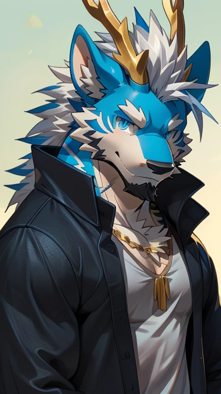 Solo, dragon, eastern dragon male, gray hair, light blue hair high light, white body fur, muscular male, light blue eyes, wearing black jacket, red t-shirt, undershirt, fur tuft, gold necklace, simple green background, green, (by Sollyz, masterpiece, 8k, hd), Looking at viewer, detailed face, detailed eyes, detailed hair, detailed muscles, detailed clothes,