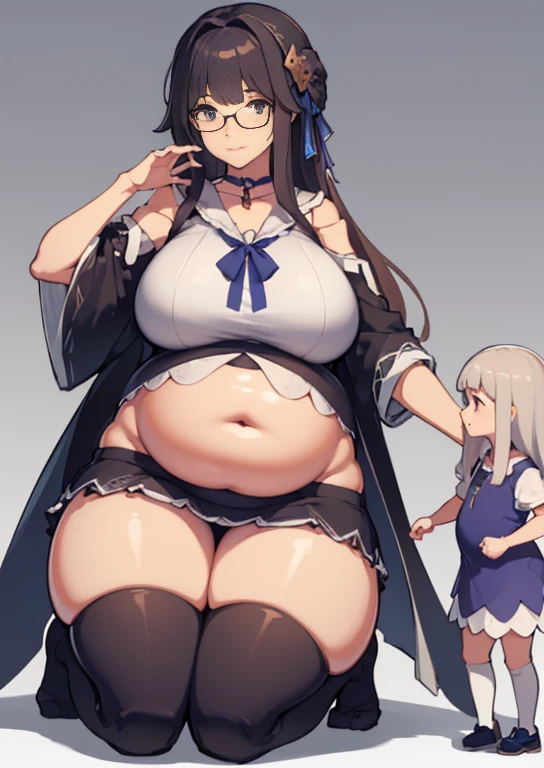 (masterpiece, best quality, highly detailed), 1girls, big belly, blurry background, huge belly, art by kipteitei, round belly, chubby, curvy, simple_background, gradient_background, belly grab, enormous belly, fat belly, thicc, bigger belly, really big belly, jiggly belly, shirt covering belly, belly cover by shirt, glasses, (((((((mommy)))))), casual clothes, skirt, thighhighs, ((full body)), long hair
