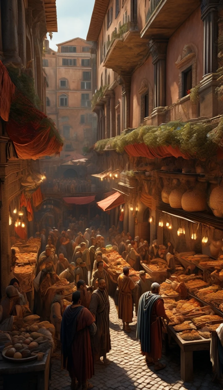 A detailed illustration of ancient Rome's economic crisis, featuring Roman merchants exchanging goods in a bustling marketplace amidst deteriorating trade conditions and rising inflation. The scene includes Roman architecture, merchants in traditional attire, and a sense of urgency. The style is reminiscent of Roman wall paintings with intricate detailing, warm earthy tones, and a focus on historical accuracy, background dark, hyper realistic, ultra detailed hyper realistic, photorealistic, Studio Lighting, reflections, dynamic pose, Cinematic, Color Grading, Photography, Shot on 50mm lens, Ultra-Wide Angle, Depth of Field, hyper-detailed, beautifully color, 8k