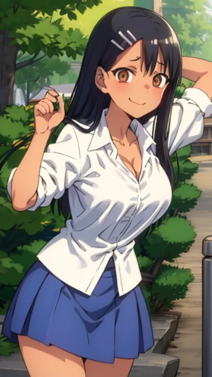 HDR, cg, sharp focus, (8K), (4k), masterpiece, highest quality, sharp focus, very detailed, Complex, very detailed, nagatoro hayase, brown eyes, black hair, bangs, long hair, black skin, hair clip, white shirt, blue skirt, no socks, uwabaki, Are standing, arm behind head, cowboy shot, looking at the viewer, outdoor, with an evil smile,huge breasts,cleavage、nude、I can see the nipples、Breasts fully visible、フルnude、Completely naked