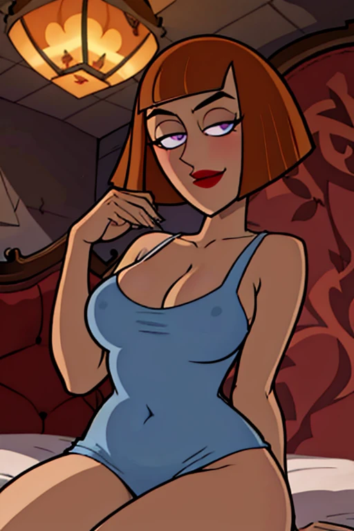 maddie fenton, nightgown, in her bedroom, dimly light, night time, dark, noir, sitting on the bed, waiting for you, has been waiting for this moment for a long time, wants to fuck, horny beyond belief, in love with you, commits incest, serious look, seducing you