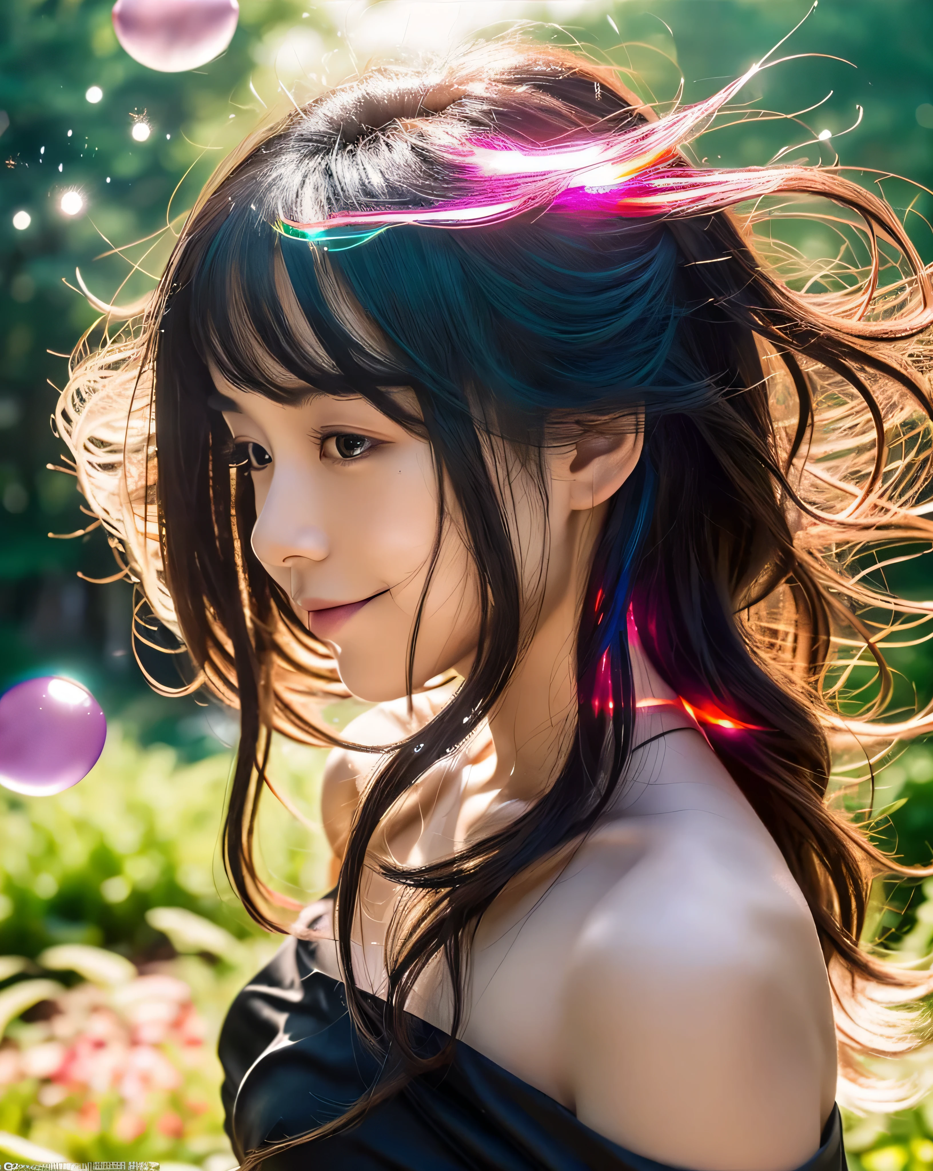 (highest quality, 32k, High resolution, masterpiece:1.5,), Haunting fantasy portrait in abstract style, ((In a swirl of fantastic sepia tones and soft light)), Evoking a sense of soothing tranquility and elusive beauty, Award-winning masterpiece with amazing details, beautiful japanese woman, perfect human ???????, High resolutionの美しい太もも, big magical eyes, fleeting smile, ((shiny black hair)), Beautifully arranged straight, silky long hair, Beautiful asymmetrical bangs, hair between eyes, smooth and soft skin, thin eyebrows, clear double eyelids, pale pink lips, ((Black silk dress, off shoulder, The absolute realm of miniskirts)), High resolution perfect clavicle, Beautiful chest in high resolution, Slender body with plump breasts, ((Colorful glowing bubble effect:1.4)), gentle sunlight, professional lighting, professional photographer, Professional models,mysterious