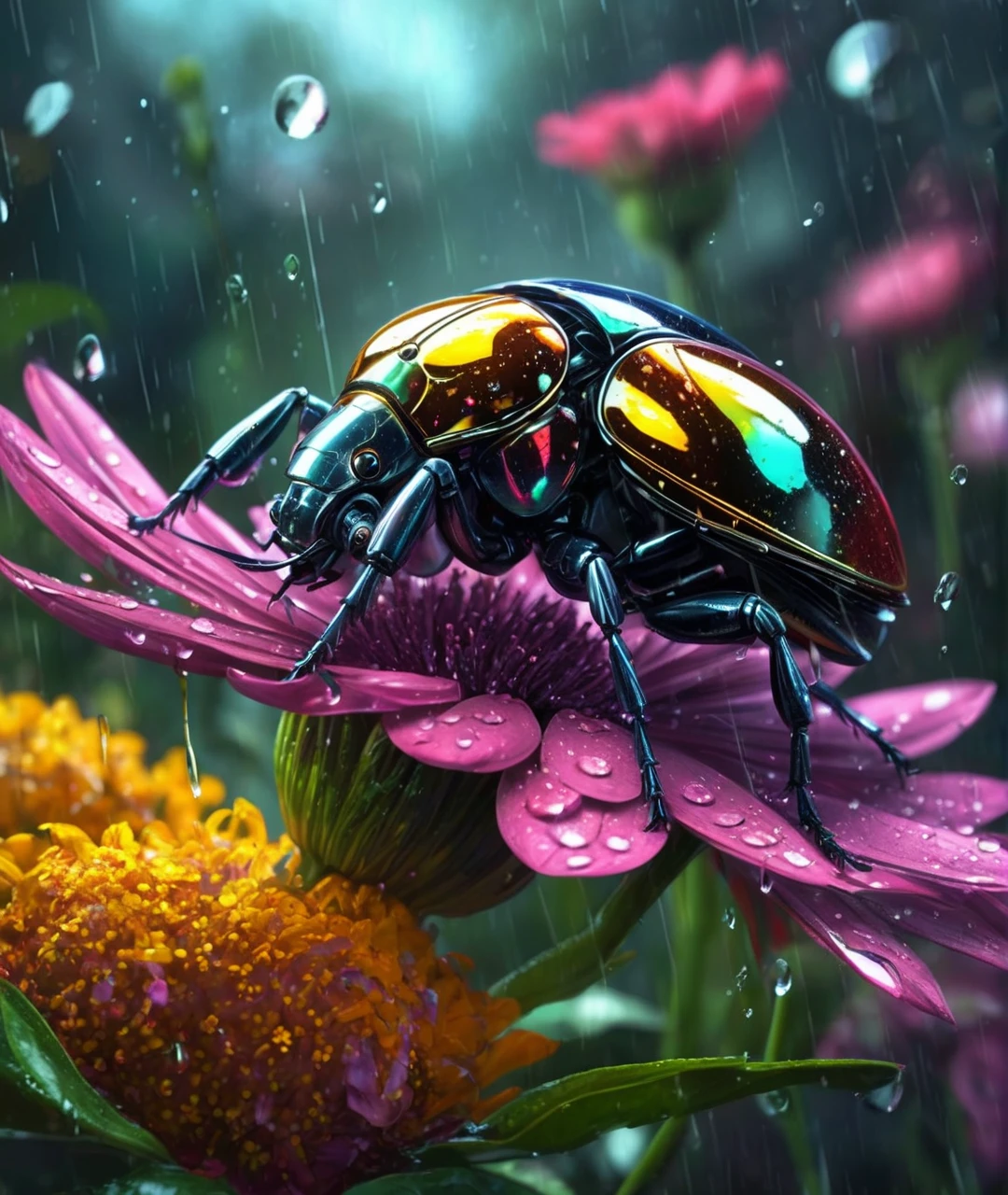 Complex and colorful, (digital painting:1.2),collect, Close-up photo of a robotic jewel beetle resting on a beautiful flower, it&#39;s raining, reflected light, hd, masterpiece, highest quality, very detailed, super detailed,