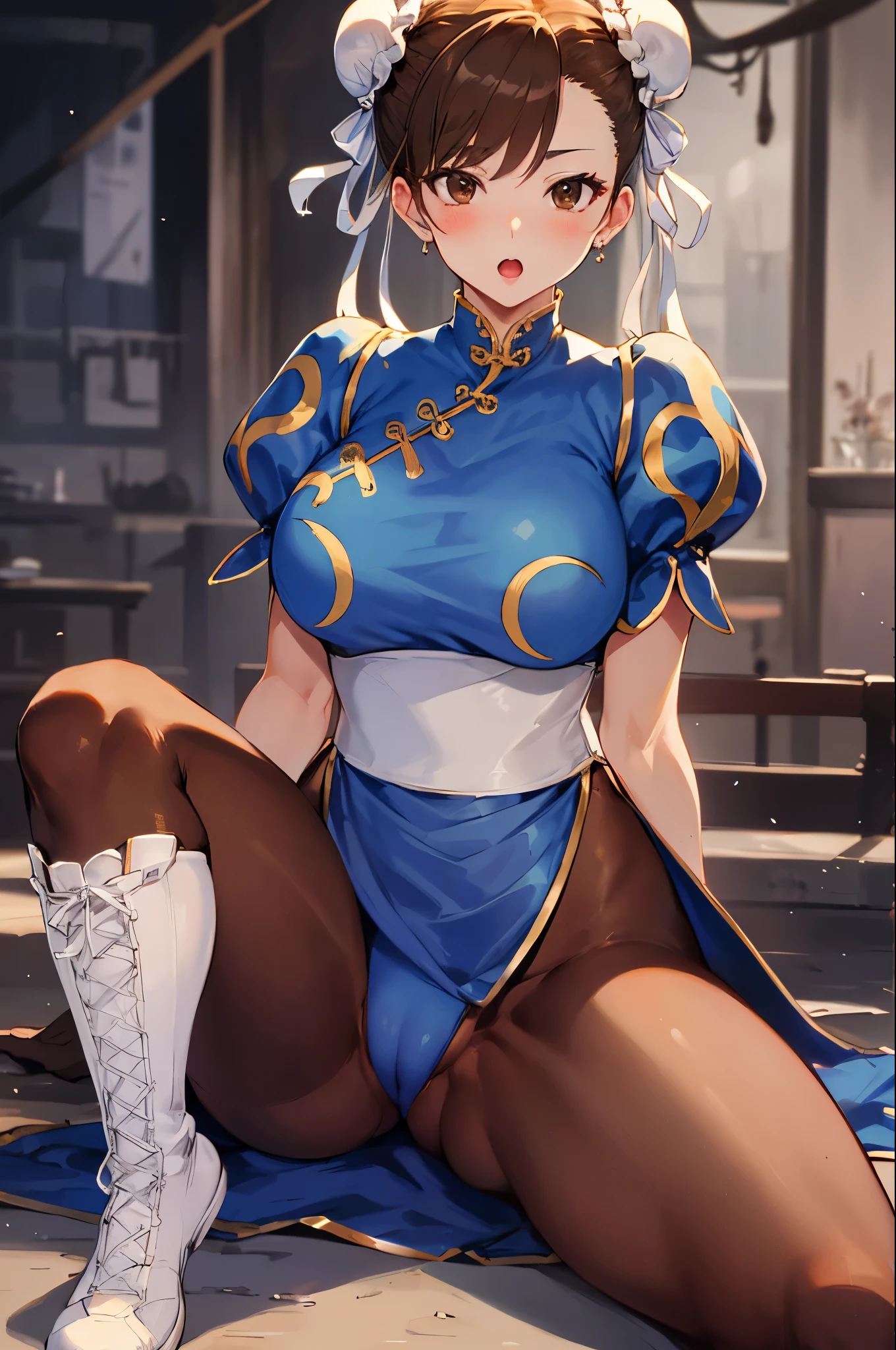 (upper body:1.3),(from below),open mouth, embarrassed ,blush,sitting,(spread legs:1.3),(legs up),(cameltoe:1.3), chun li, (brown eyes:1.7), brown hair, (bun cover:1.5), double bun, eyeliner, hair bun, lipstick, makeup, pink lips, large breasts,
blue dress, boots, bracelet, brown pantyhose, china dress, chinese clothes, cross-laced footwear, dress, gold trim, jewelry, pantyhose, pelvic curtain, puffy sleeves, sash, short sleeves, side slit, spiked bracelet, spikes, white footwear, top-quality,Top image quality,perfect anatomy,masterpiece,ultra-detailliert,Beautiful,ultra-quality, best quality,high resolution, ultra-detailed,game cg,dutch angle ,beautiful detailed eyes,visualart,five fingers, perfect hands, perfect lighting,