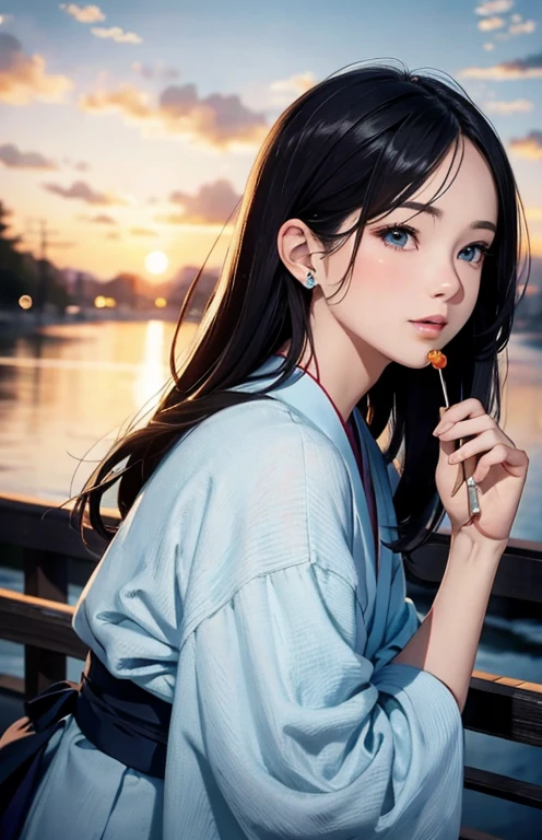 masterpiece、highest quality、High resolution、high quality images、8K, 1 female、skin luster、Texture of skin and clothing、Expression of fine eyes、glossy black hair,long hair girl, Manga inspired by Lee Jong-suk, trending on deviantart, realism, detailed manga style, manga art style, perfect line drawing, beautiful line drawing, digital manga art girl, K-POPアイドル, dress, beautiful light blue eyes, plump lips, detailed gorgeous face, (cute smile), charm, innocent, Side view, (perfectly detailed face), (fine hands) photorealistic images, Depth of written boundary, half up hairstyle, yukata ,(firework,Goldfish,bubble),(outdoor,fan,Jean Frame),(Traditional Japan atmosphere:1.2),(sunset: 1.1))