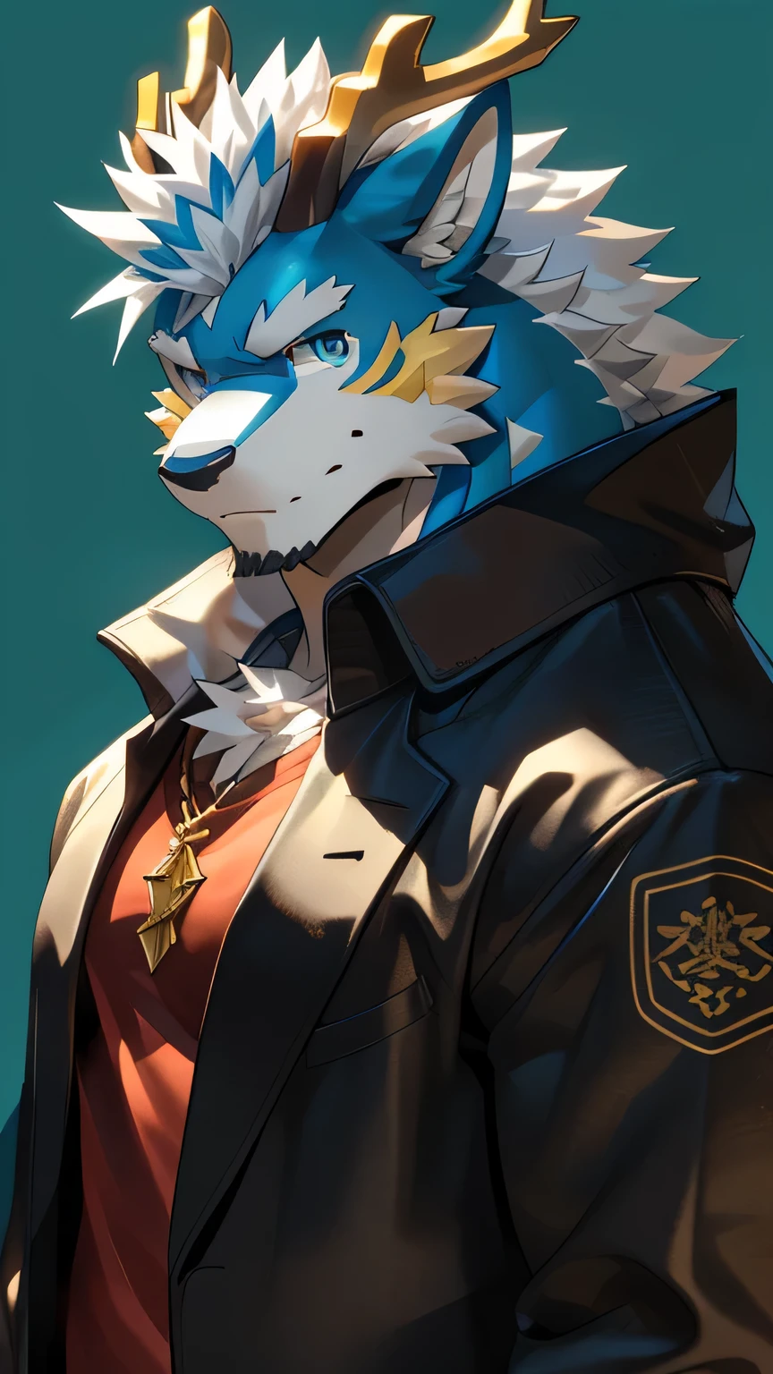 Solo, dragon, eastern dragon male, gray hair, light blue hair high light, white body fur, muscular male, light blue eyes, wearing black jacket, red t-shirt, undershirt, fur tuft, gold necklace, simple green background, green, (by Sollyz, masterpiece, 8k, hd), Looking at viewer, detailed face, detailed eyes, detailed hair, detailed muscles, detailed clothes,
