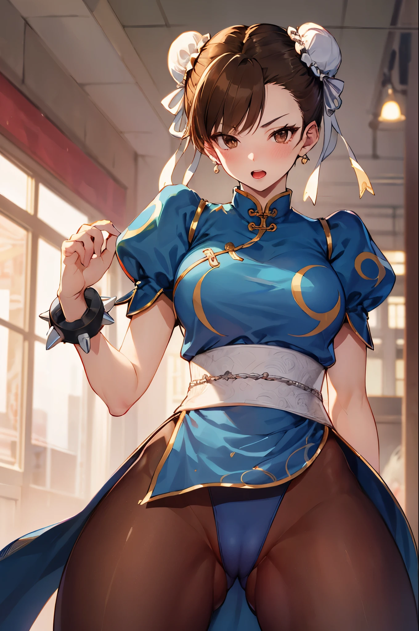 (upper body:1.3),(from below:1.5), (ceiling:1.4),ass focus,open mouth, embarrassed ,blush,(spread legs:1.3),(legs up),(cameltoe:1.3), chun li, (brown eyes:1.7), brown hair, (bun cover:1.5), double bun, eyeliner, hair bun, lipstick, makeup, pink lips, large breasts,
blue dress, boots, bracelet, (brown pantyhose), china dress, chinese clothes, cross-laced footwear, dress, gold trim, jewelry, pantyhose, pelvic curtain, puffy sleeves, sash, short sleeves, side slit, spiked bracelet, spikes, white footwear, top-quality,Top image quality,perfect anatomy,masterpiece,ultra-detailliert,Beautiful,ultra-quality, best quality,high resolution, ultra-detailed,game cg,dutch angle ,beautiful detailed eyes,visualart,five fingers, perfect hands, perfect lighting,