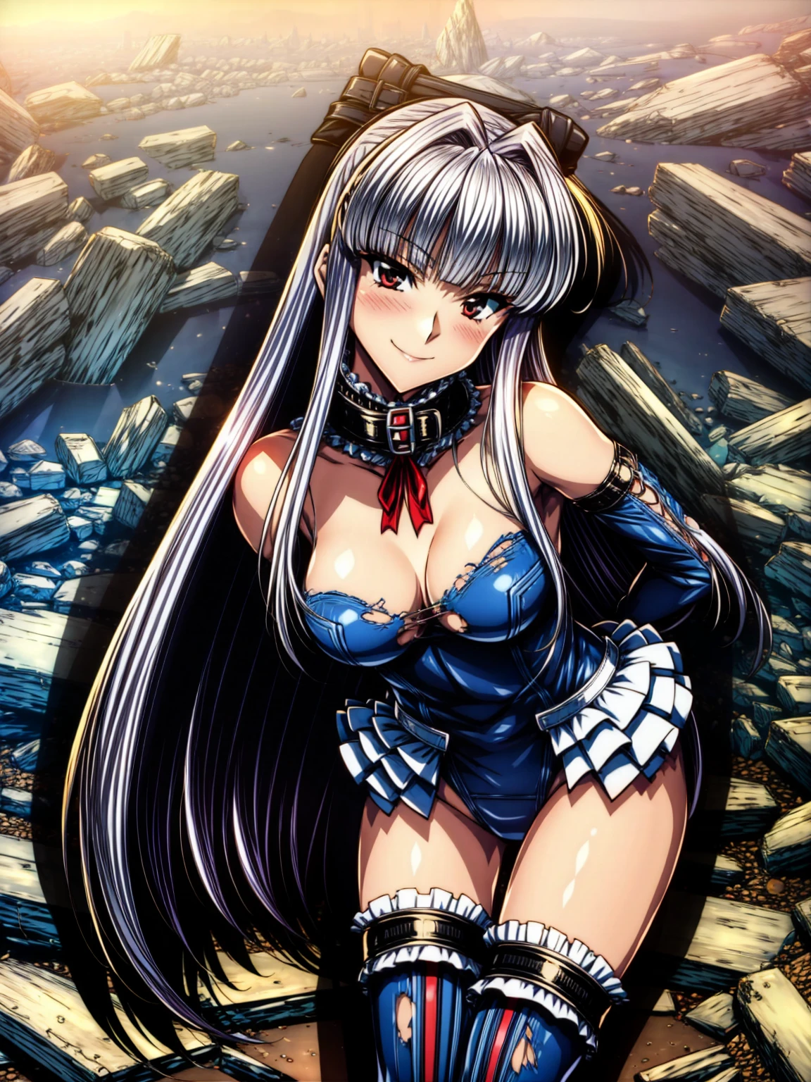 perfect anatomy, highest quality, marirose,evil smile,provocative attitude
,(Girls greet dawn on top of a pile of rubble:1.1),evil smile,anime style,(Torn frill swimsuit:1.5, Thighhighs, removed sleeve), (anime style:1.4) ,
silver hair,(White fingers:1.1,black gloves),very long hair,evil aura,Rape Eye,Torn costume:1.9,(hold a collar:1.5)