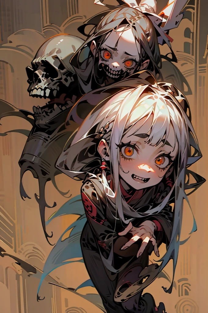 ((Girl with dreadlocks)), scribble, nightmare, doll-like face, cartoon style, rough sketch, , (masterpiece), (High resolution), (super delicate), (clear), Comic book style illustrations,(Horror elements), Japanese painting illustration, full body,(snap shot),crazy illustration, antique, dark atmosphere, flat illustration, creepy appearance, Characteristic hairstyle, creative accessories, Unique atmosphere、
