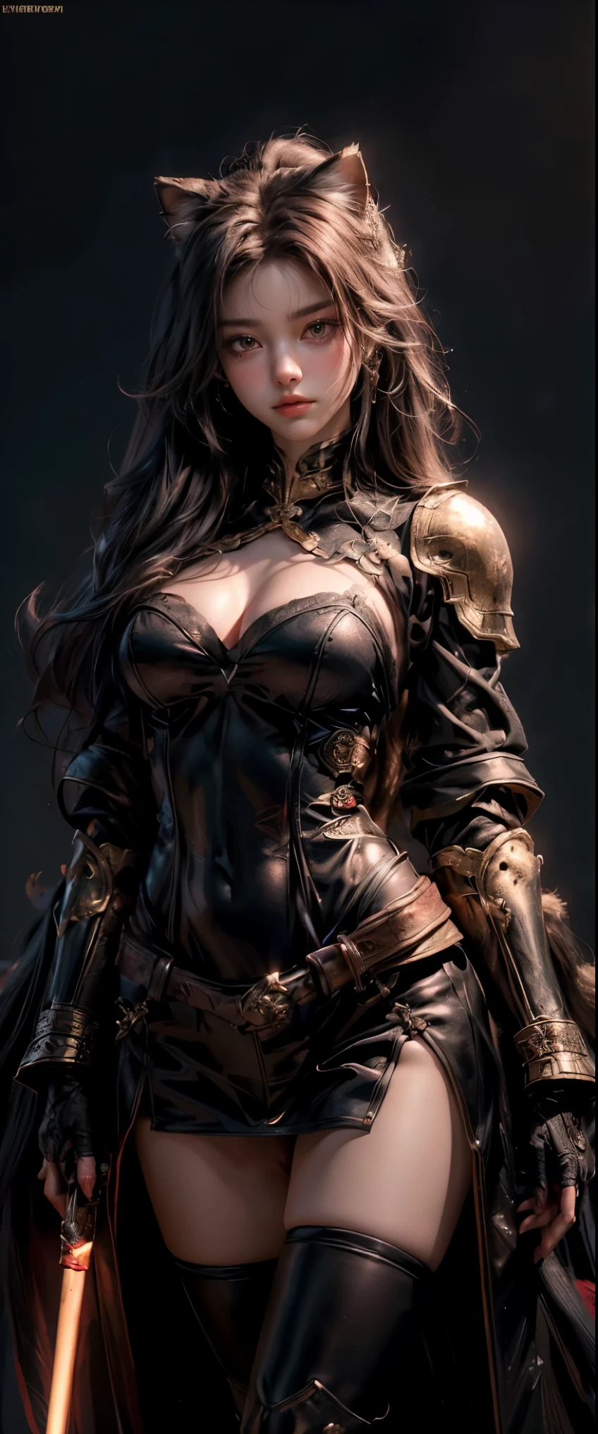 ((masterpiece, highest quality, Highest image quality, High resolution, photorealistic, Raw photo, 8K)), ((Extremely detailed CG unified 8k wallpaper)), (huge stunning goddess shot, very hot and sexy, jaw-dropping beauty, perfect proportions, beautiful body, slim body beauty:1.4), Inside the castle, Anthropomorphic black cat knight cartoon character, Cat Knight, she wears jet-black armor decorated with gold and a crimson cloak, Cat ears, cat tail, She holds up a saber, Stand with hand on hips and legs spread apart,