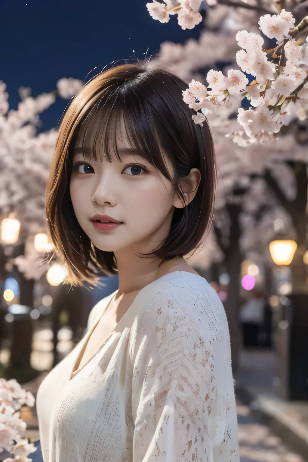 Cherry blossoms at night:1.3, City of night:1.2, medium bob