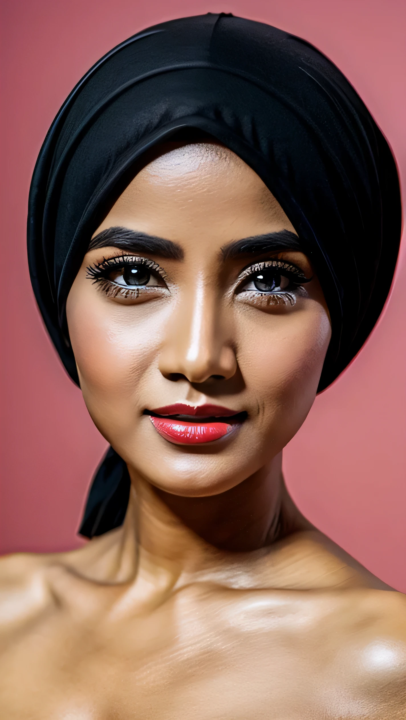 Ultra - High resolution, masterpiece, rough skin, very detailed, Photoreal, professional lighting, Depth of bounds written, sharp, gray background, (japanese mature, 42 years old), detailed and beautiful eyes, detailed double eyelids, (Big eyes:1.3),long eyelashes,, small nose, small mouth,, women sexy, detailed face, beautiful eyes, bangs, good shape small breasts, SHORT hair, red lips, ((stand in front、look at the viewer, close your mouth)), WEARING HIJAB AND PASMINA, half body photo, yellow background, close your mouth, pink lips, half body, center at portrait