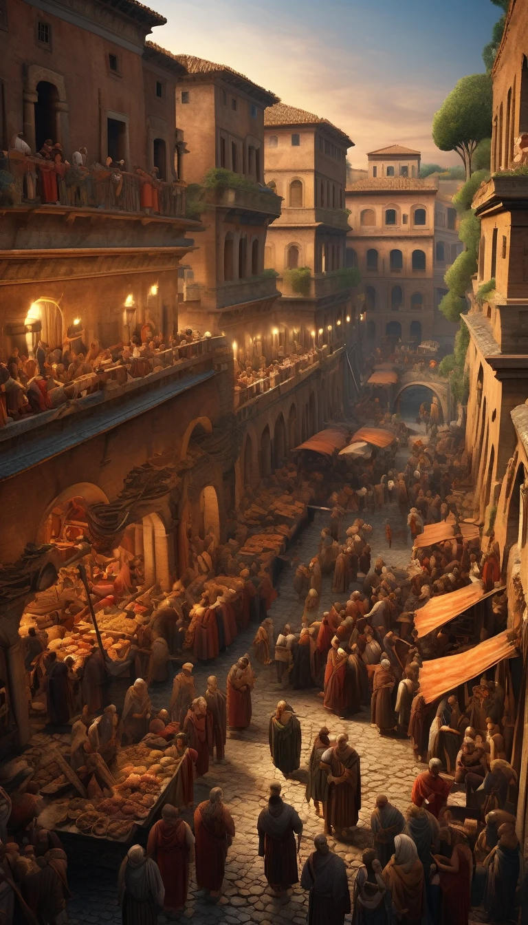 A detailed illustration of ancient Rome's economic crisis, featuring Roman merchants exchanging goods in a bustling marketplace amidst deteriorating trade conditions and rising inflation. The scene includes Roman architecture, merchants in traditional attire, and a sense of urgency. The style is reminiscent of Roman wall paintings with intricate detailing, warm earthy tones, and a focus on historical accuracy, background dark, hyper realistic, ultra detailed hyper realistic, photorealistic, Studio Lighting, reflections, dynamic pose, Cinematic, Color Grading, Photography, Shot on 50mm lens, Ultra-Wide Angle, Depth of Field, hyper-detailed, beautifully color, 8k