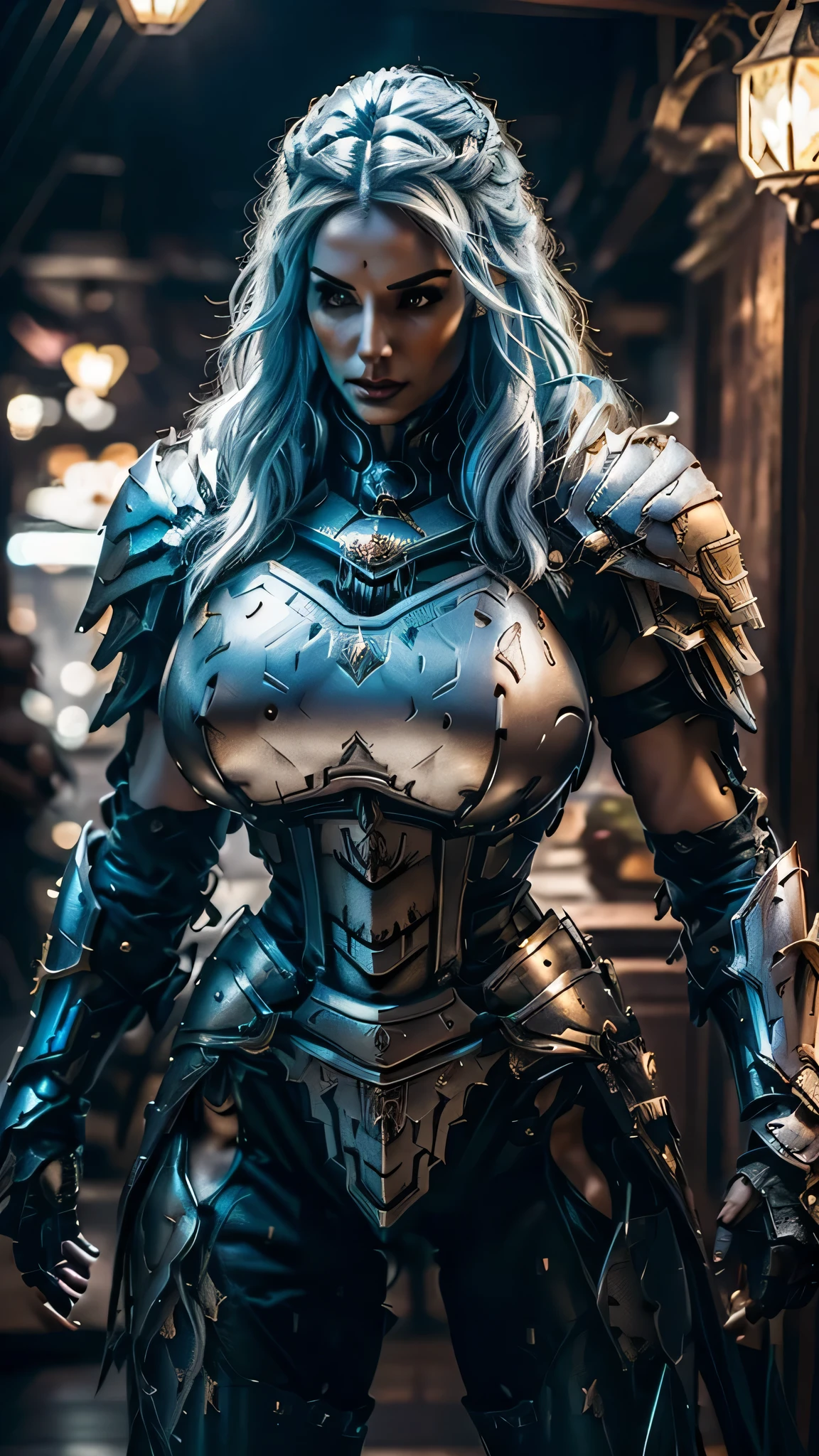 8K,asgard female warrior with very big breasts,Super beautiful(like the real thing),black very large chest armor,realistic skin,luxury black pants,Has a large, long black spear,sexy,muscular slim body,ripped abs,black shoulder armor,black waist armor,black leg armor,desert, rich colors, Backlight, cinematic lighting, film grain, RAW, 50mm lens,nikon D850,ultra high resolution,Super realistic,goddess,battle scene,action scene,action pose,shine a light on the face, long wavy blue hair, the Witcher, the Witcher armor, yennefer, big hips, tights