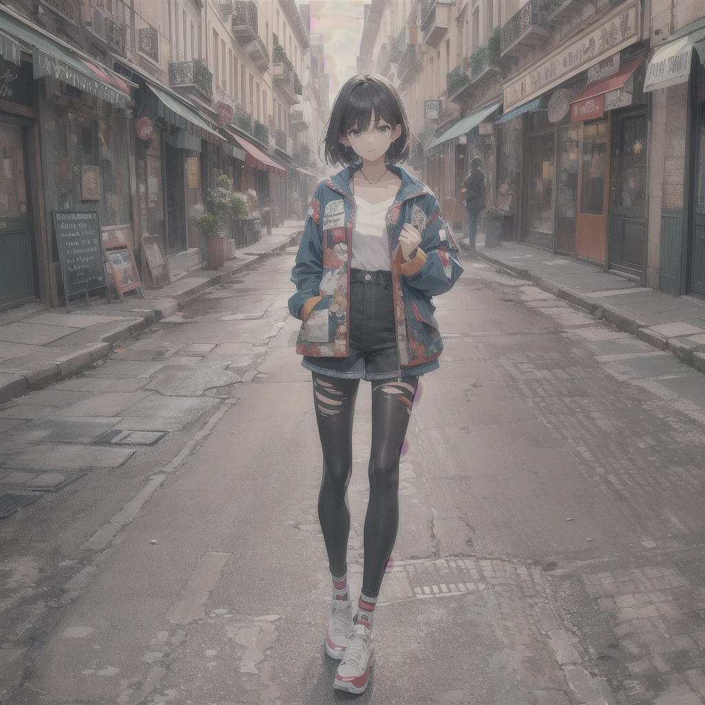 (Highly detailed CG unit 8k wallpaper, masterpiece, High resolution, highest quality, highest qualityのリアルテクスチャスキン), Fashion pose with hands in pockets:1.4, A cool fashion girl influenced by nostalgic and inorganic fashion, Nana Komatsu, Asymmetrical short hair, detailed costume, fine embroidery, Solid wide leg pants and jacket combination:1.3, blurred background, An empty alley in Paris:1.3, hyper realistic, digital painting, concept art,