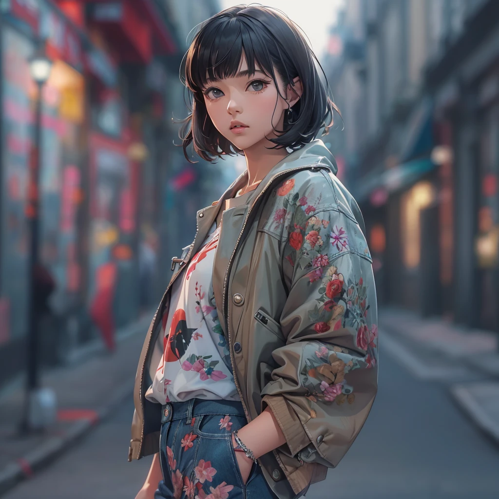 (Highly detailed CG unit 8k wallpaper, masterpiece, High resolution, highest quality, highest qualityのリアルテクスチャスキン), Fashion pose with hands in pockets:1.4, A cool fashion girl influenced by nostalgic and inorganic fashion, Nana Komatsu, Asymmetrical short hair, detailed costume, fine embroidery, Solid wide leg pants and jacket combination:1.3, blurred background, An empty alley in Paris:1.3, hyper realistic, digital painting, concept art,