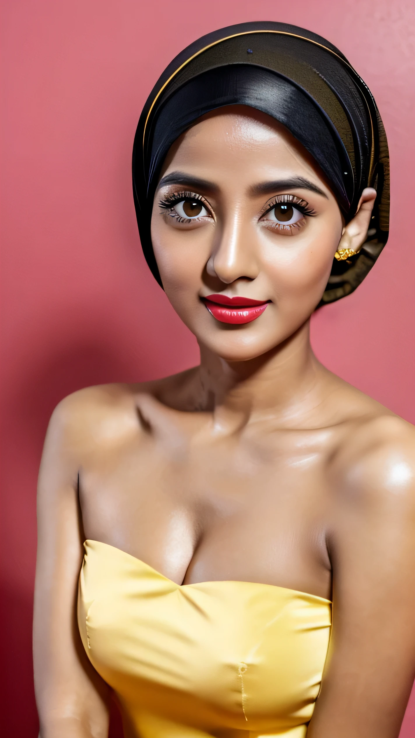 Ultra - High resolution, masterpiece, rough skin, very detailed, Photoreal, professional lighting, Depth of bounds written, sharp, gray background, (japanese mature, 42 years old), detailed and beautiful eyes, detailed double eyelids, (Big eyes:1.3),long eyelashes,, small nose, small mouth,, women sexy, detailed face, beautiful eyes, bangs, good shape small breasts, SHORT hair, red lips, ((stand in front、look at the viewer, close your mouth)), WEARING HIJAB AND PASMINA, half body photo, yellow background, close your mouth, pink lips, half body, center at portrait