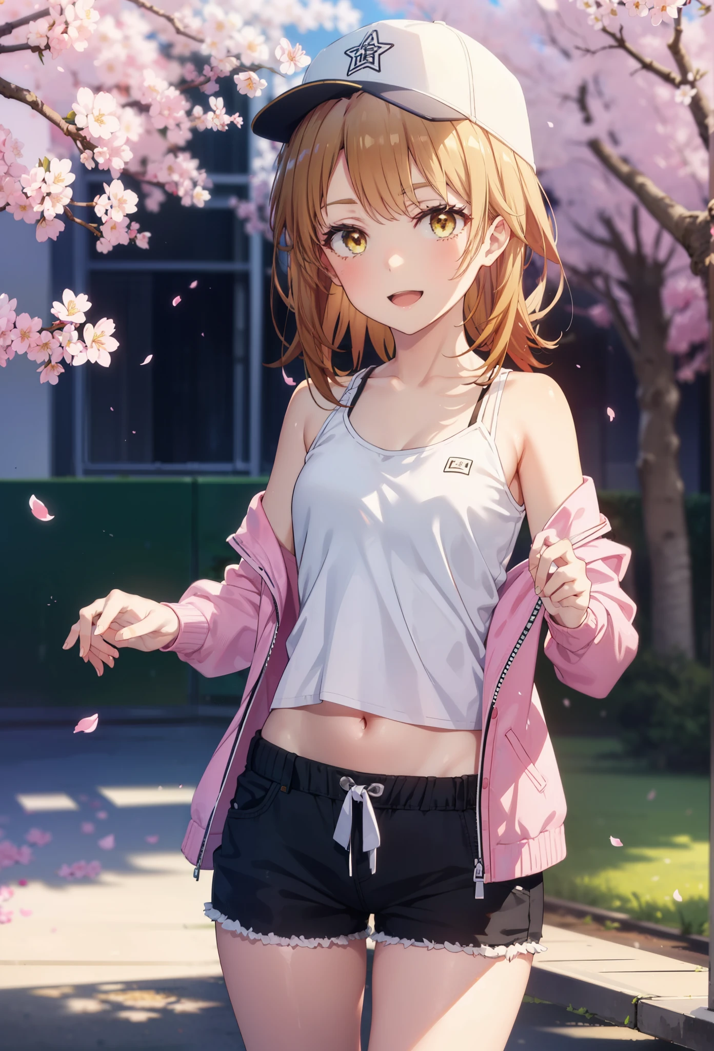 irohaisshiki, iroha isshiki, long hair, brown hair, (brown eyes:1.5),short braided hair,ponytail ,baseball hat,smile,happy smile, smile, open your mouth,Oversized pink jacket showing off the navel,There&#39;s space in front,bare shoulders,Yellow tank top shirt,shorts,Black high top sneakers,cherry blossoms are blooming,Cherry blossoms are scattered,Cherry blossom tree-lined path,noon,
break outdoors, 公園
break looking at viewer,(cowboy shot:1.5),
break (masterpiece:1.2), highest quality, High resolution, unity 8k wallpaper, (figure:0.8), (detailed and beautiful eyes:1.6), highly detailed face, perfect lighting, Very detailed CG, (perfect hands, perfect anatomy),