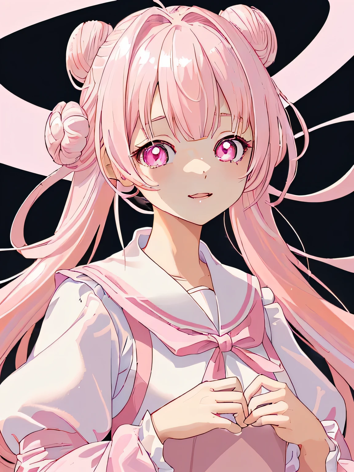 (highest quality, detailed background, High resolution, shiny 髪,White and light pink hair,bright pupils), 1 girl, A hairstyle with two small buns, long 髪, big_chest、designer dresses, wide shot、Upper body, looking here、Wearing a pink sailor suit、cute、anime style girl、laughing