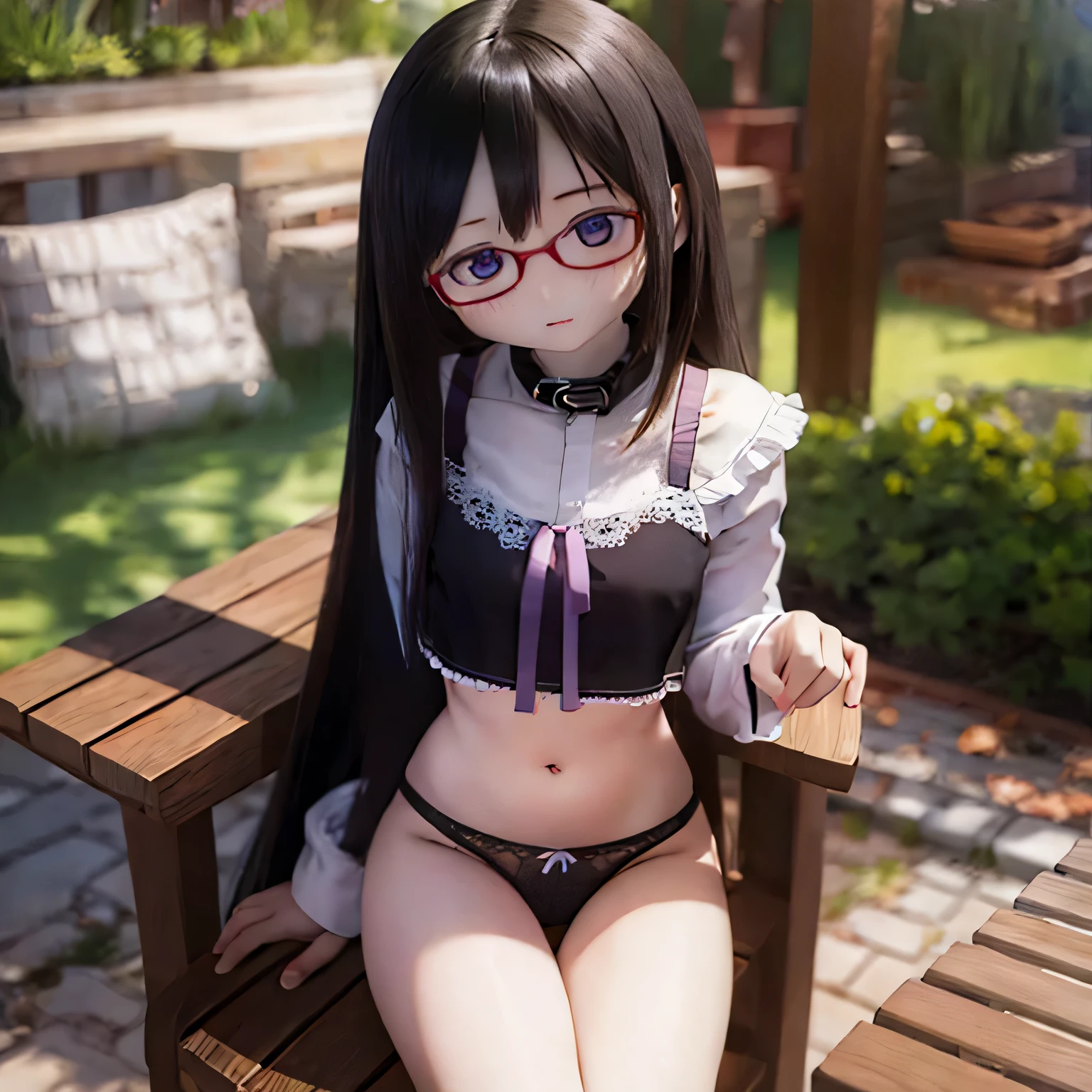 (best quality,photorealistic:1.37),vivid colors,ultra-detailed,physically-based rendering,"tabletop","expressive eyes","perfect face","closed lips","small chest","barefoot","Akemi Homura standing","black hair","sitting on a chair","black-framed glasses","(((((sexy underwear)))))"