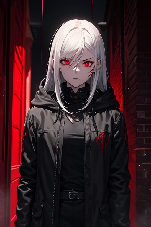 A female character, hoodie, blood rain, red and black color palette, detailed eyes and face, red eyes, silver hair, menacing aura, dark ambiance, mysterious atmosphere, intense expression, setting, smoke and shadows, haunting presence, stylish and edgy, ray tracing, perfect blend of light and darkness, intense gaze, captivating presence, sleek and sharp, contrast of red and black, intense emotions, supernatural powers suggested, rain-soaked streets, an air of danger, enigmatic persona, gothic aesthetic, stormy weather, captivating and alluring, a touch of blood red, smoky streets, brooding protagonist, stormy skies, devil city